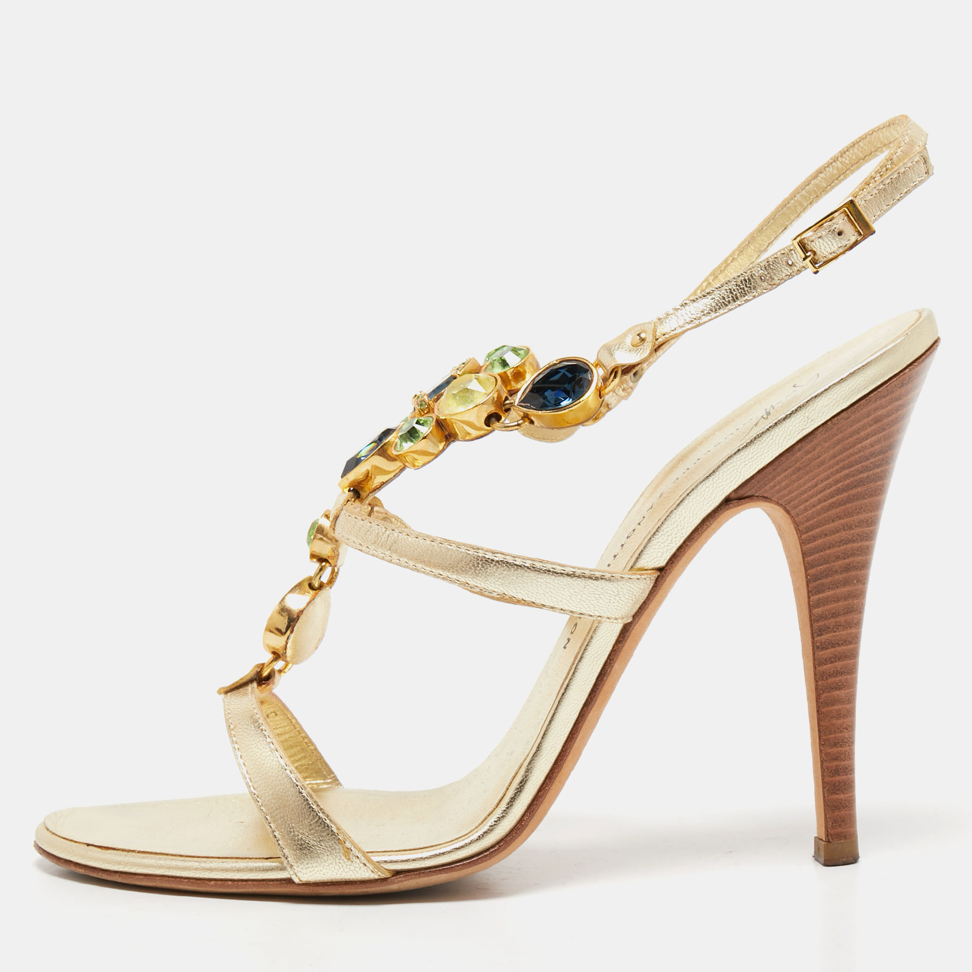 

Giuseppe Zanotti Gold Leather Crystal Embellished Ankle Strap Sandals Size