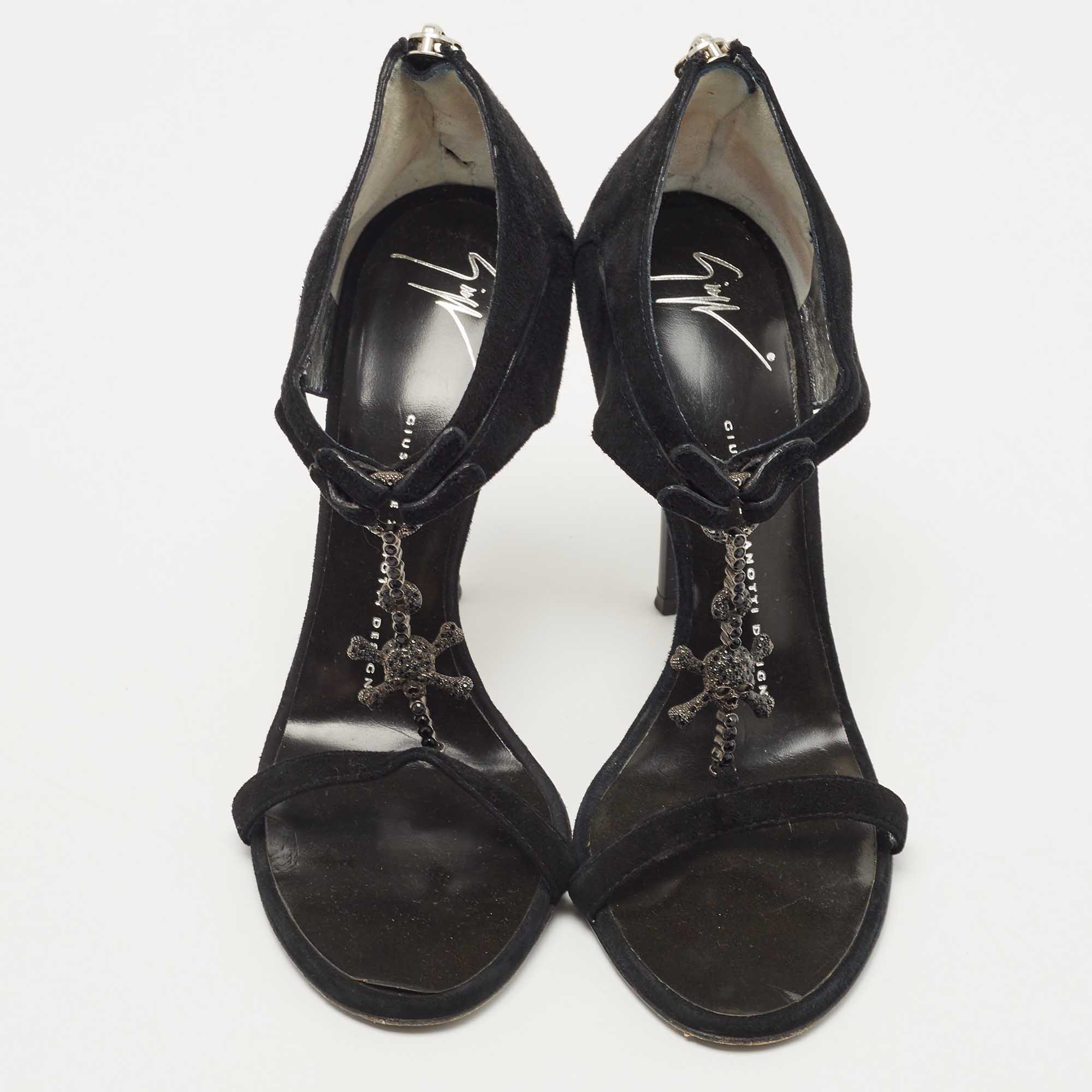 Giuseppe Zanotti Black Suede Crystal Embellished T-Strap Sandals Size 37