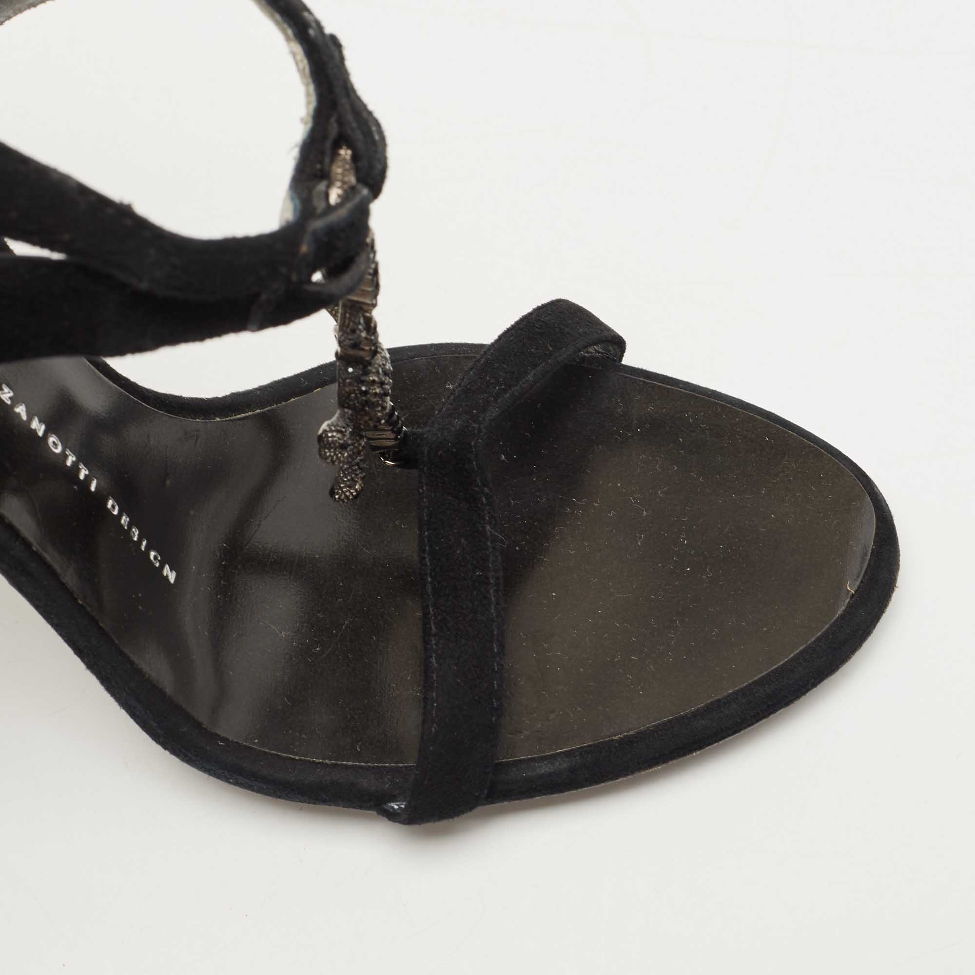 Giuseppe Zanotti Black Suede Crystal Embellished T-Strap Sandals Size 37