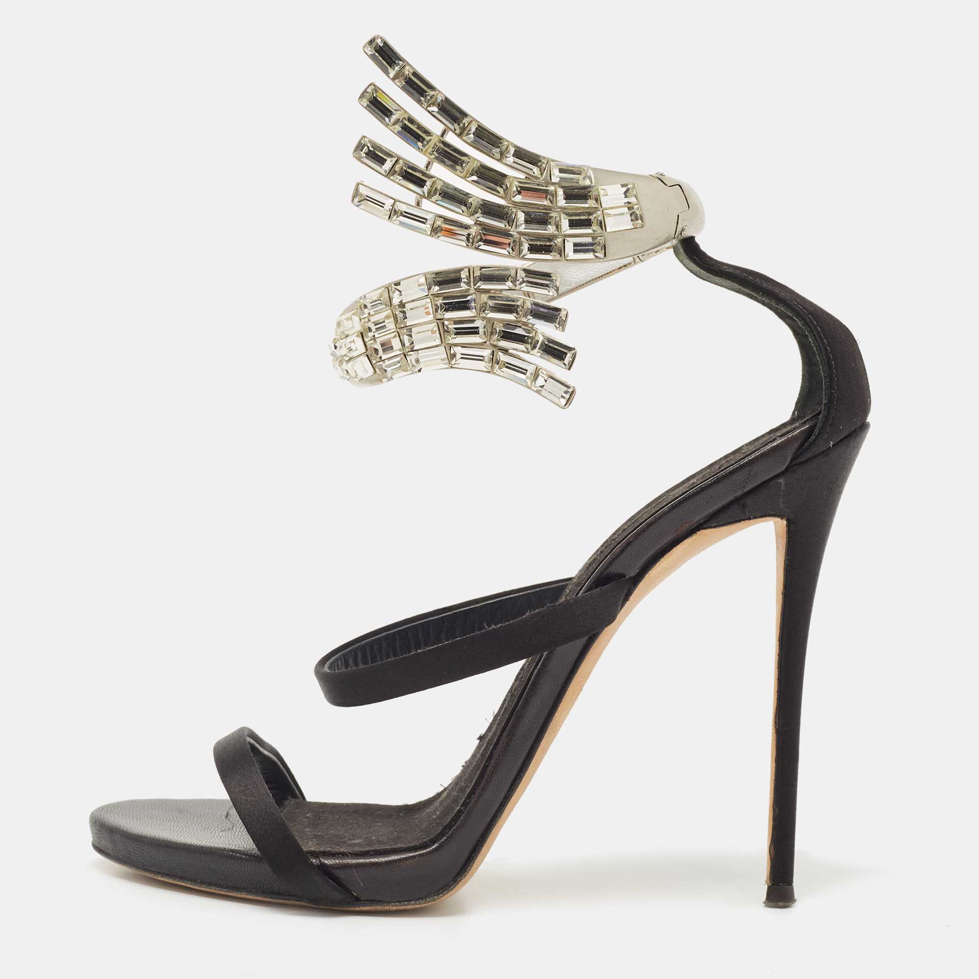 Giuseppe Zanotti Black Satin Crystal Embellished Vera Ankle Cuff Platform Sandals Size 37.5