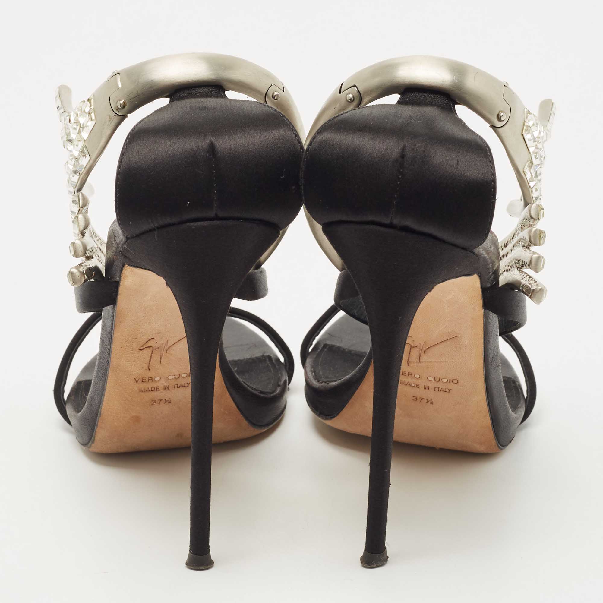 Giuseppe Zanotti Black Satin Crystal Embellished Vera Ankle Cuff Platform Sandals Size 37.5