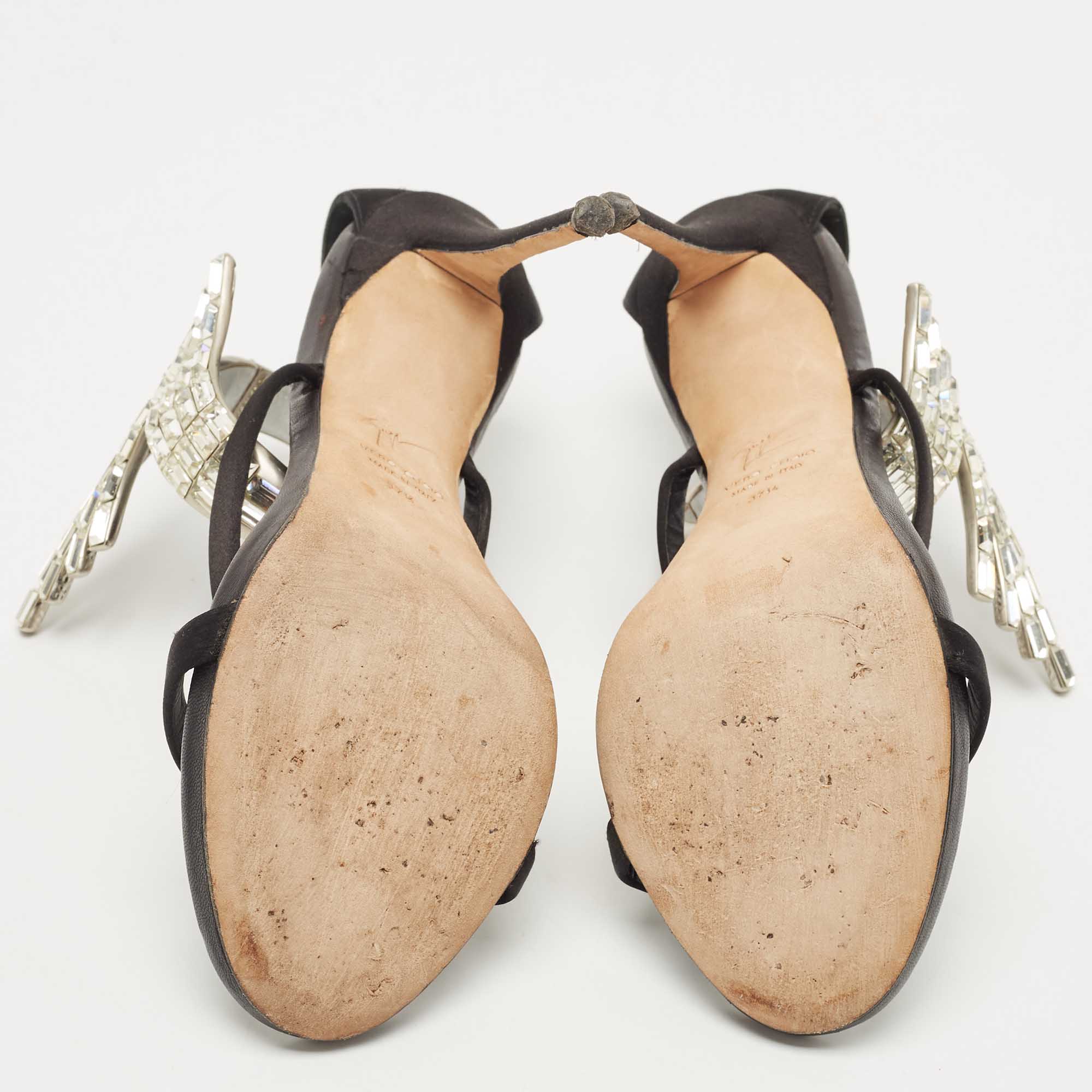 Giuseppe Zanotti Black Satin Crystal Embellished Vera Ankle Cuff Platform Sandals Size 37.5