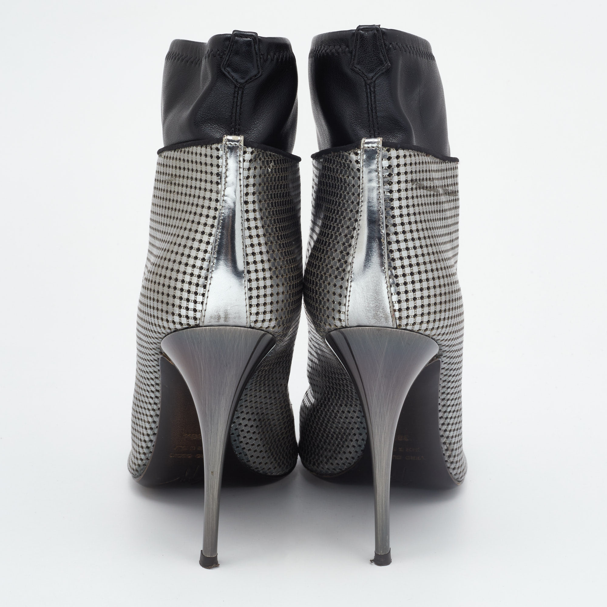 Giuseppe Zanotti Silver/Black Perforated Leather Open Toe Ankle Booties Size 38.5