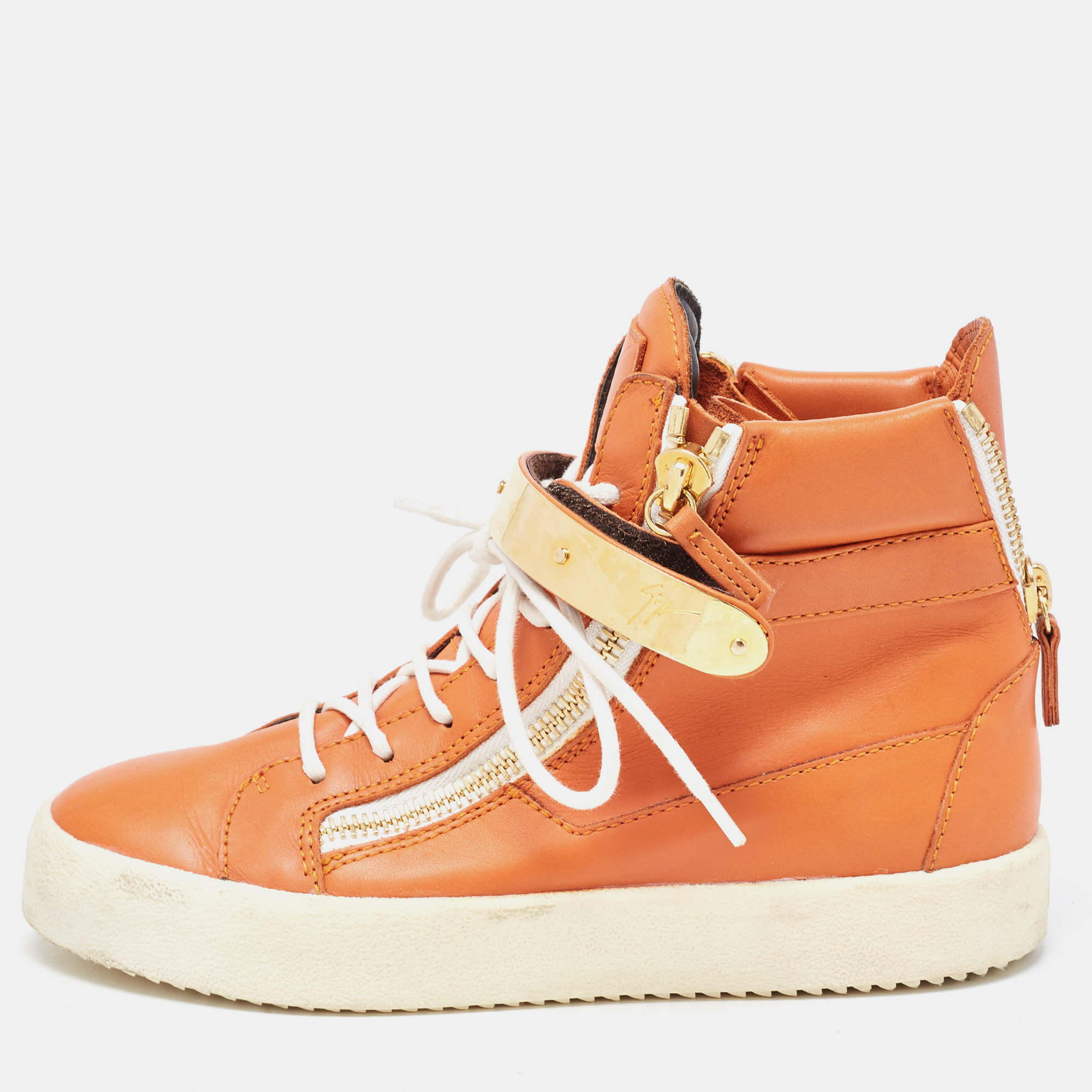 Giuseppe Zanotti Orange Leather Coby High Top Sneakers Size 38