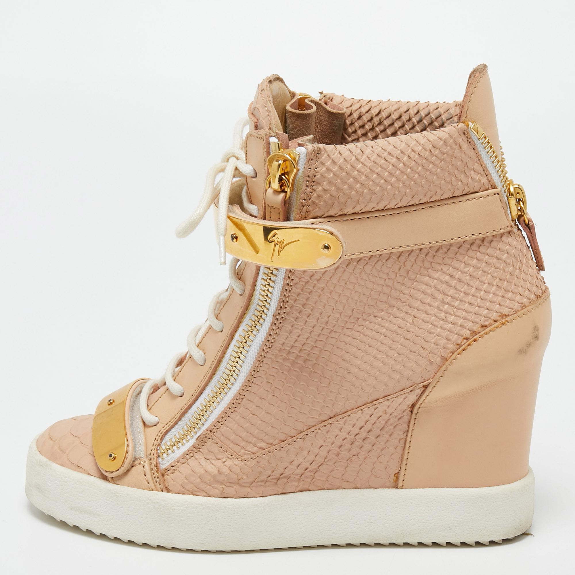 Giuseppe zanotti pink python embossed leather lorenz wedge sneakers size 39