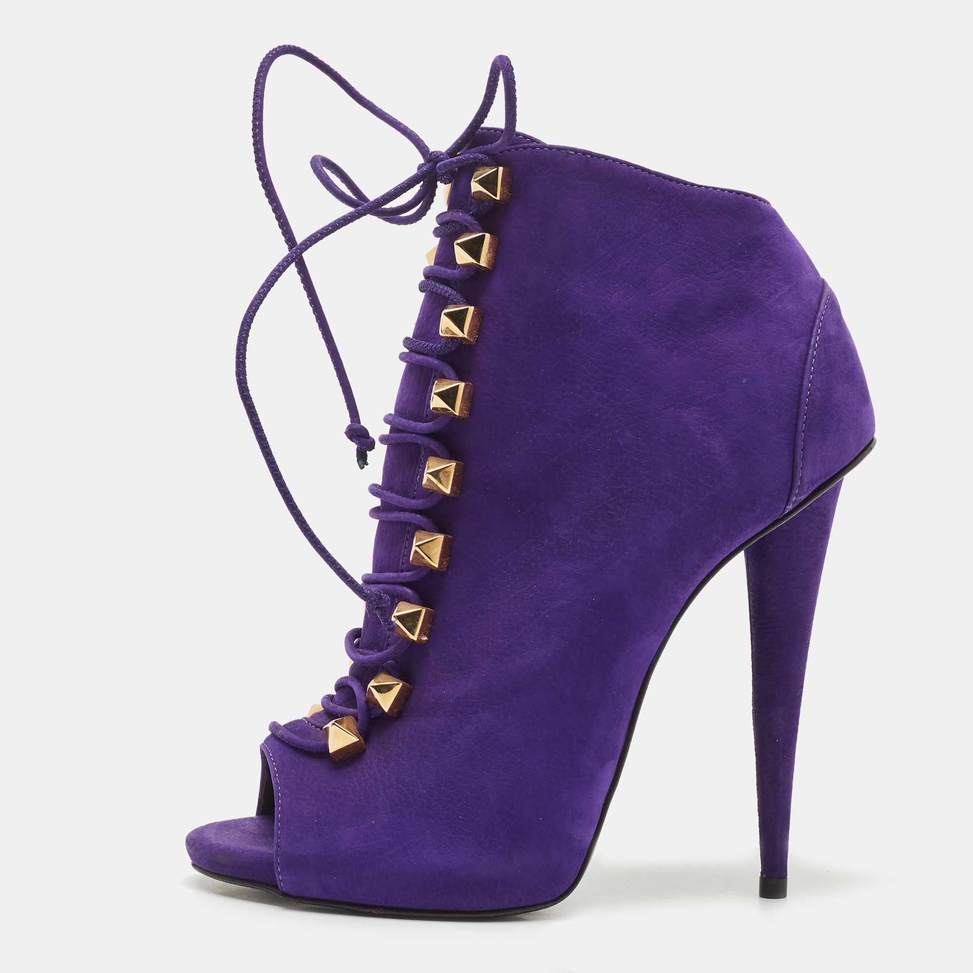 Giuseppe Zanotti Purple Nubuck Leather Studded Lace Up Ankle Booties Size 38