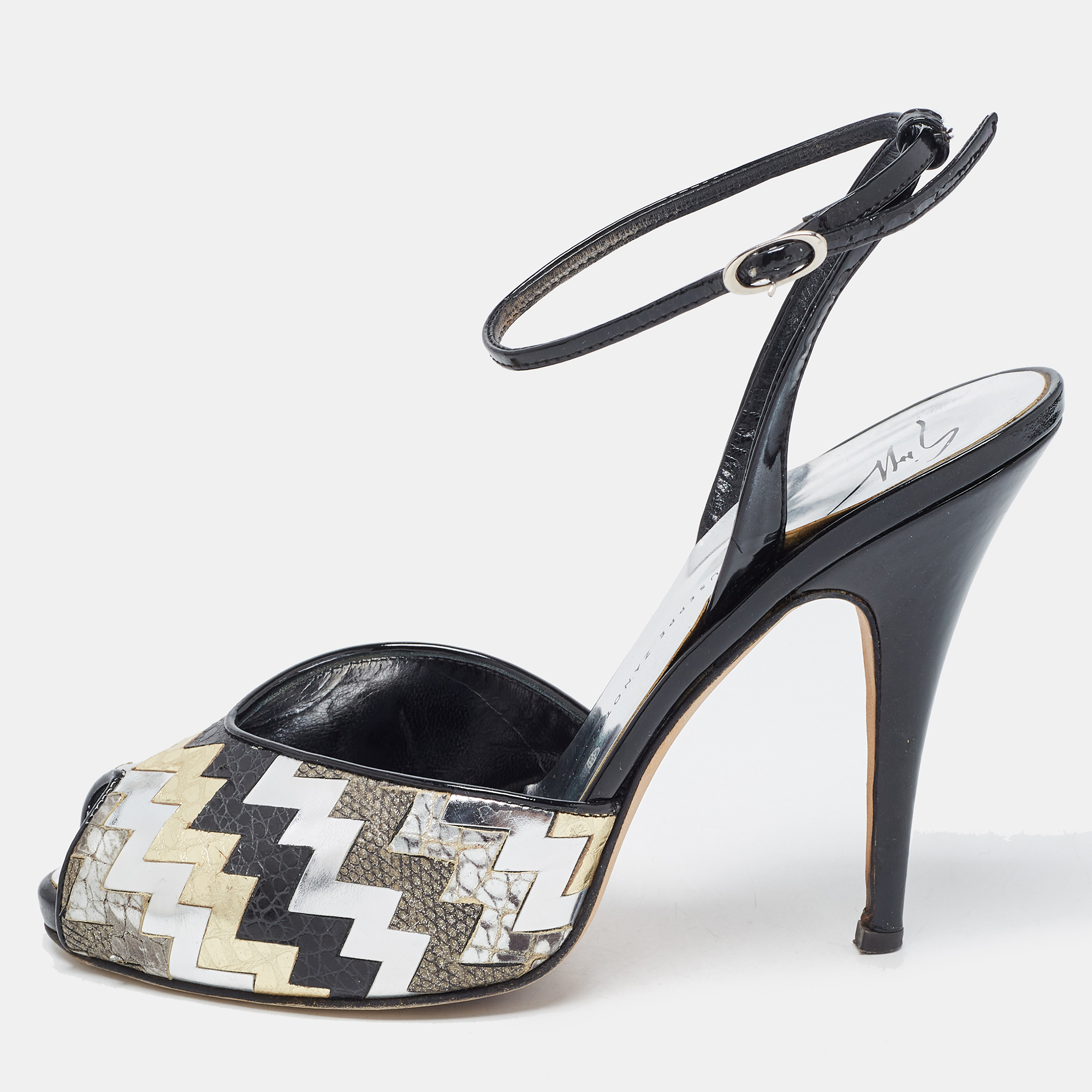 

Giuseppe Zanotti Black/Silver Zigzag Leather Peep Toe Platform Sandals Size, Multicolor