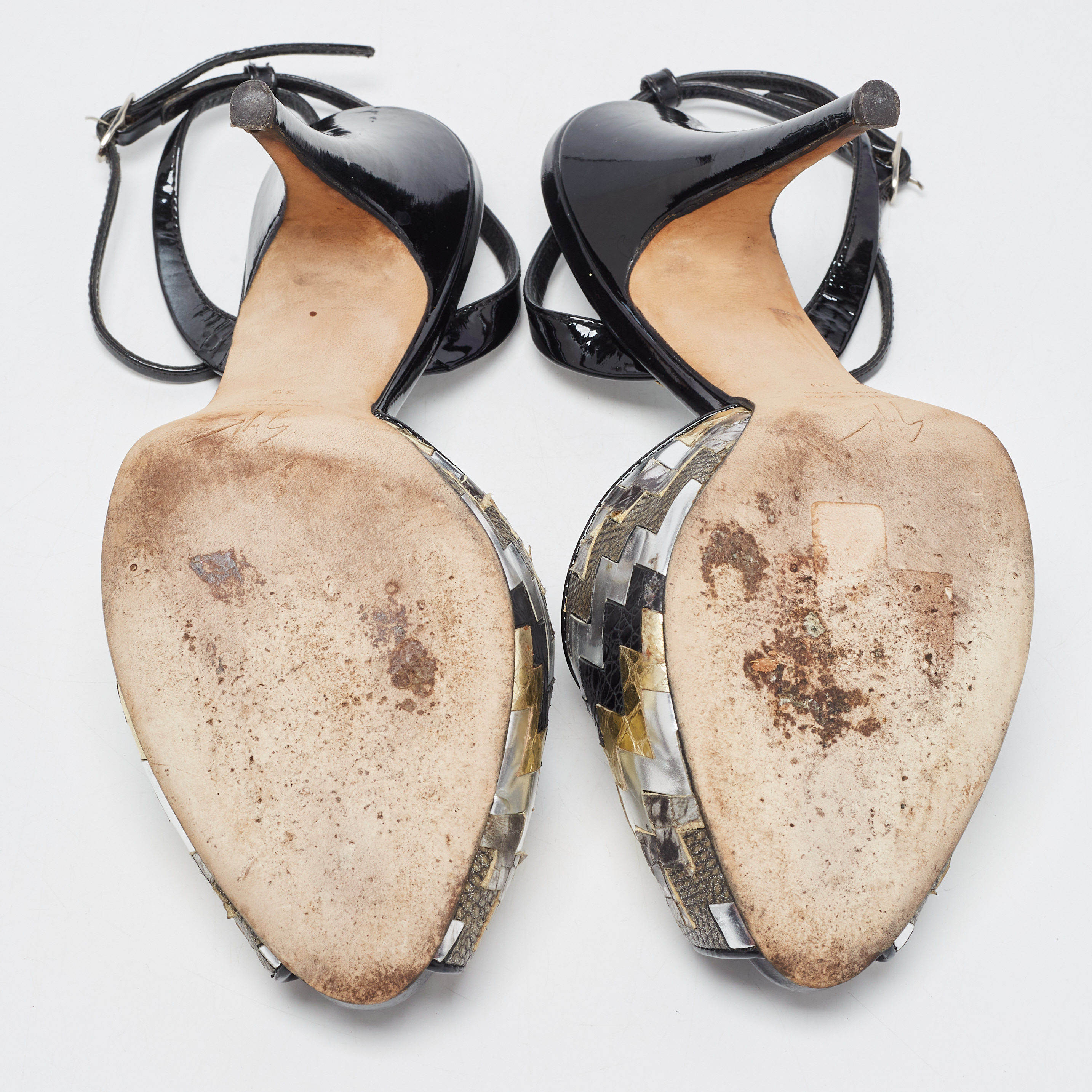 Giuseppe Zanotti Black/Silver Zigzag Leather Peep Toe Platform Sandals Size 39