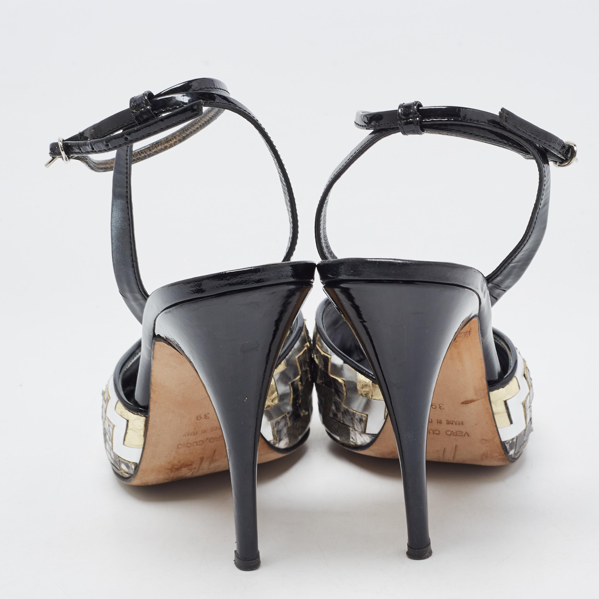 Giuseppe Zanotti Black/Silver Zigzag Leather Peep Toe Platform Sandals Size 39
