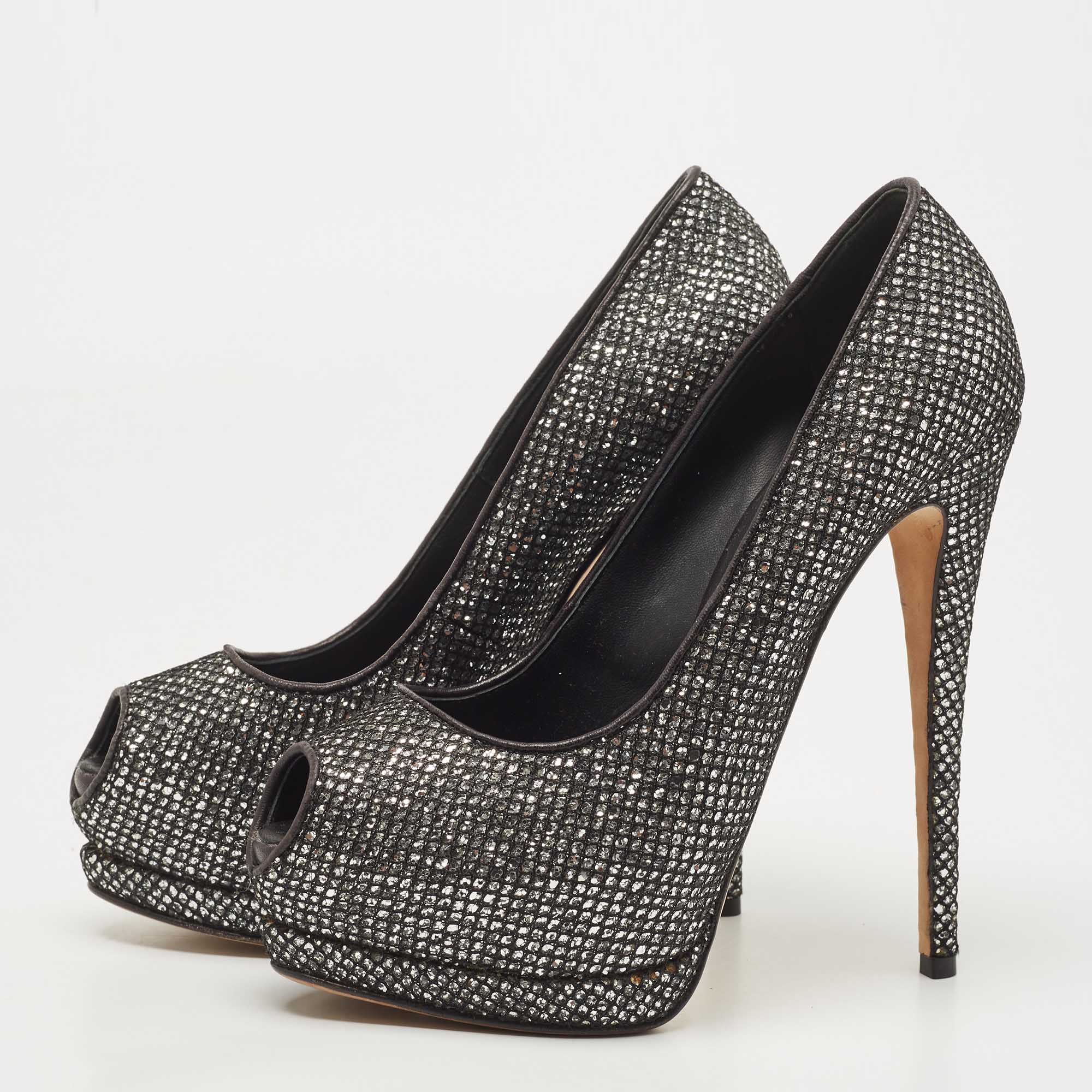 Giuseppe Zanotti Black Glitter And Mesh Platform Peep Toe Pumps Size 39