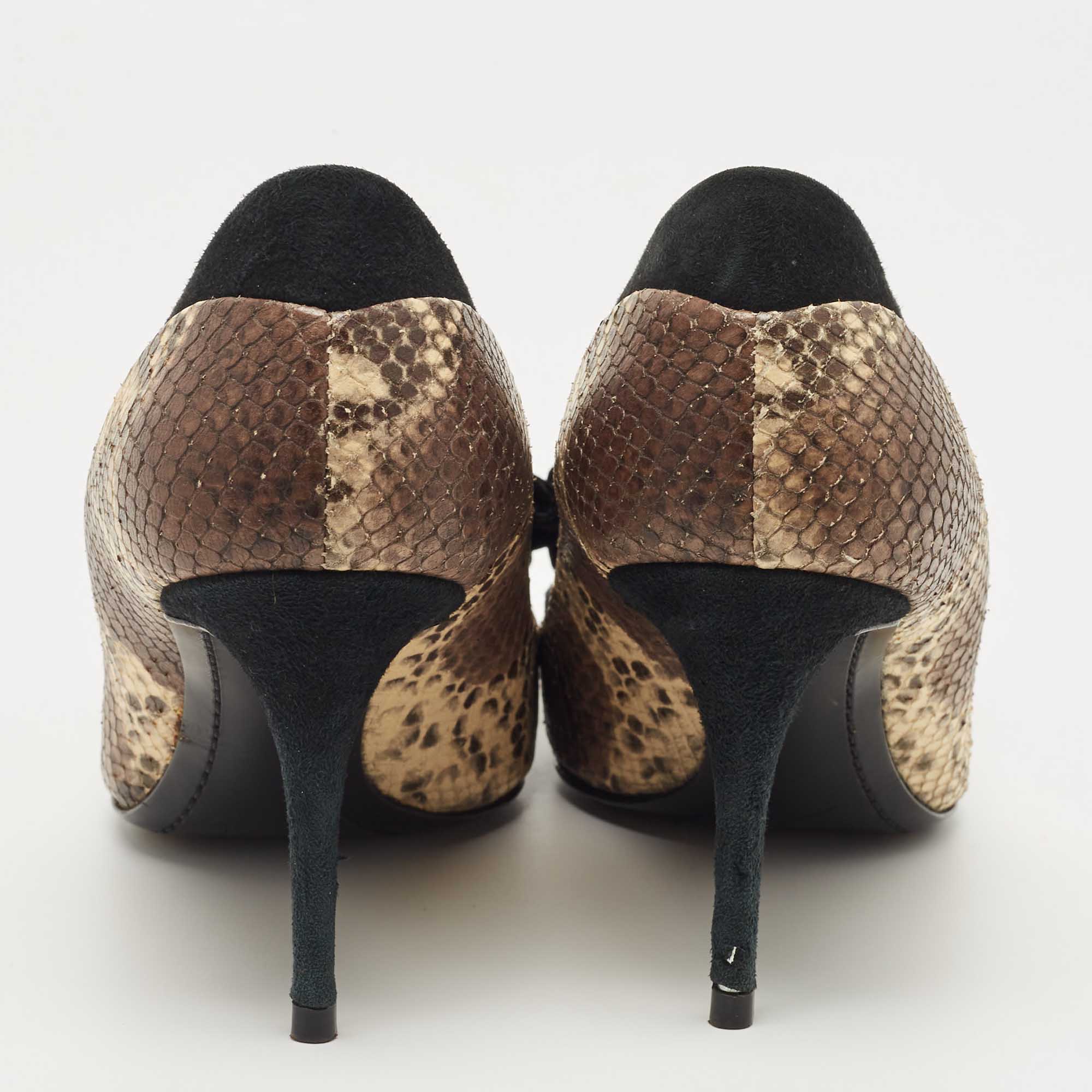 Giuseppe Zanotti Brown/Black Suede And Python Embossed Bow Pointed Toe Pumps Size 39