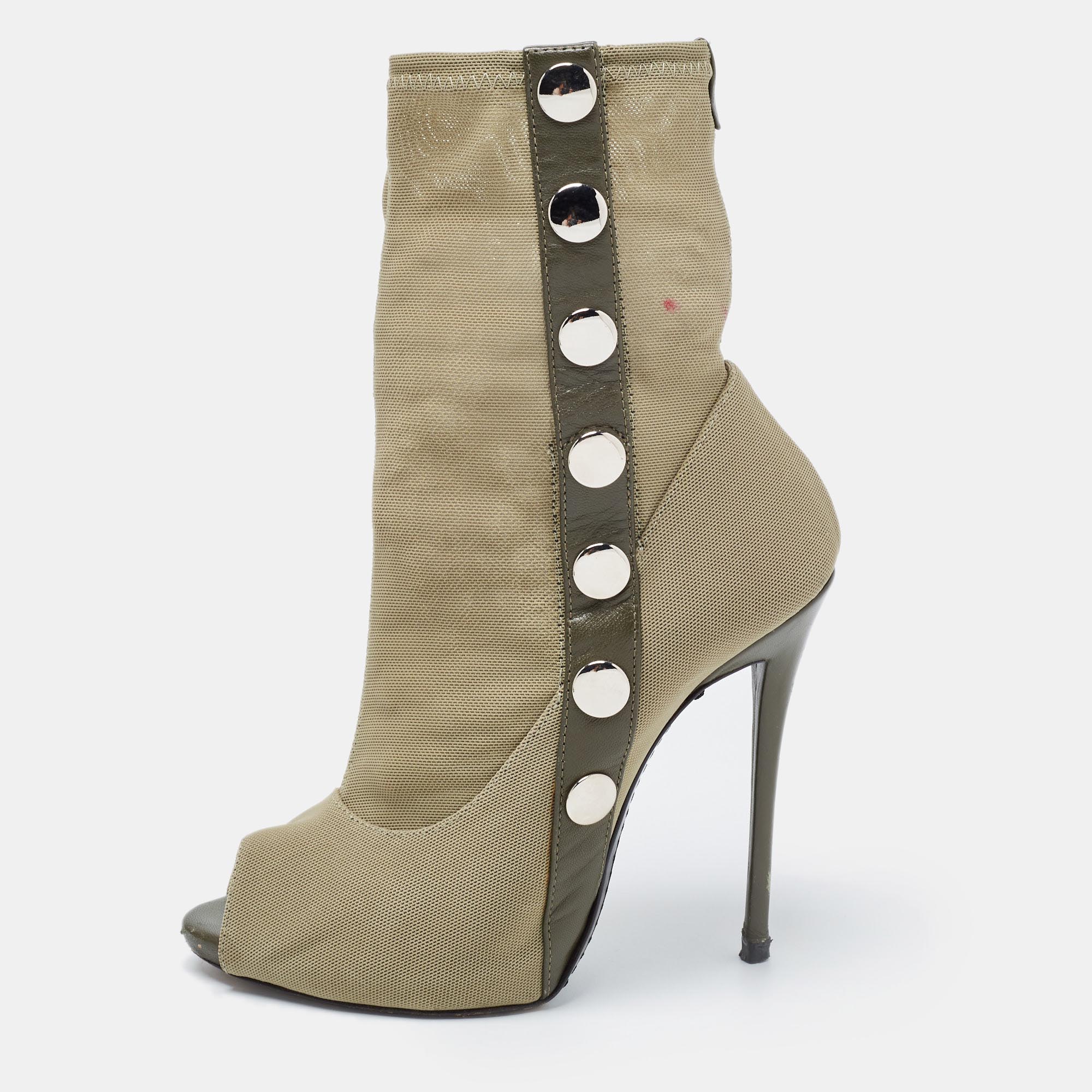 Giuseppe Zanotti Olive Green Mesh And Studded Leather Peep Toe Booties Size 37