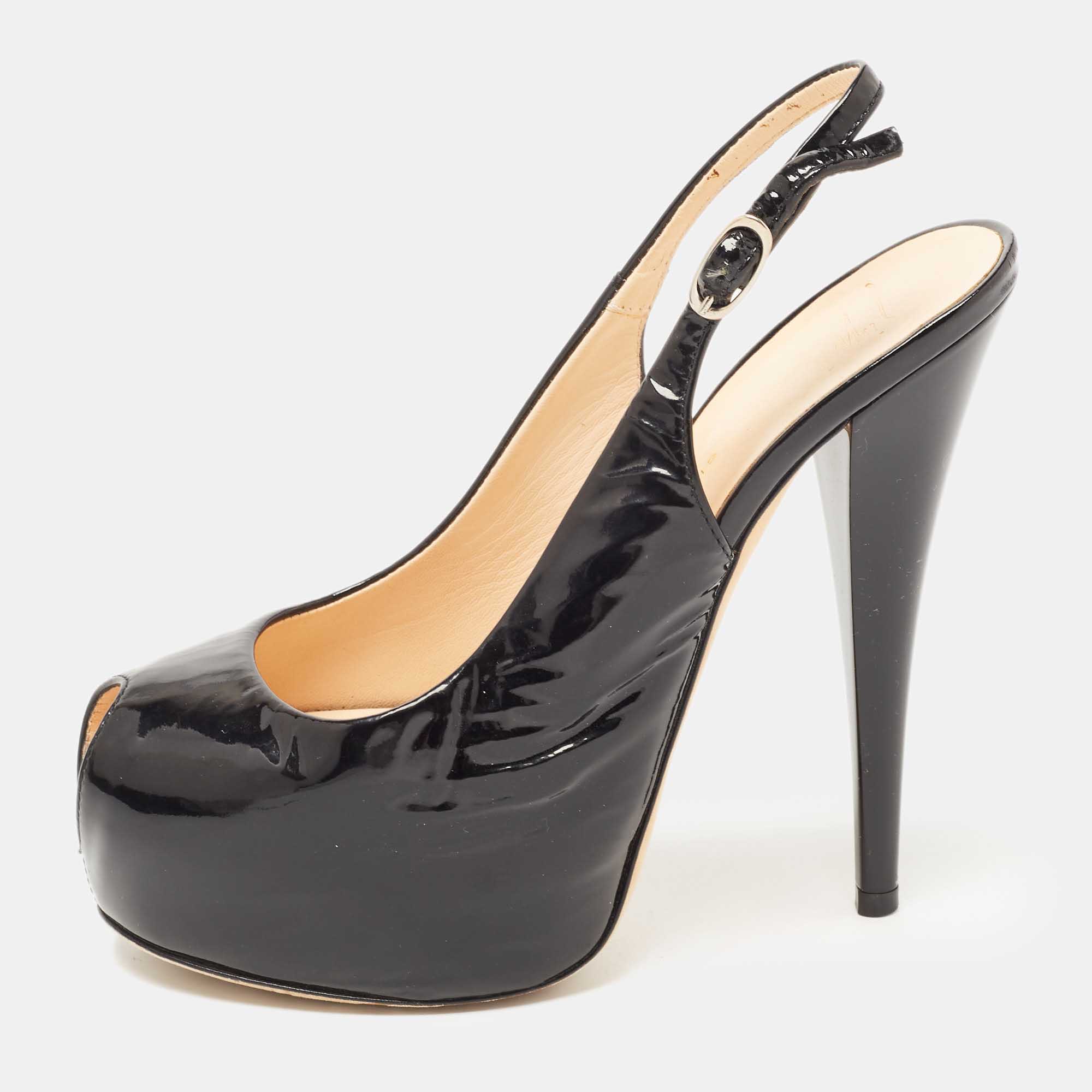 Giuseppe zanotti black patent leather peep toe platform slingback pumps size 36