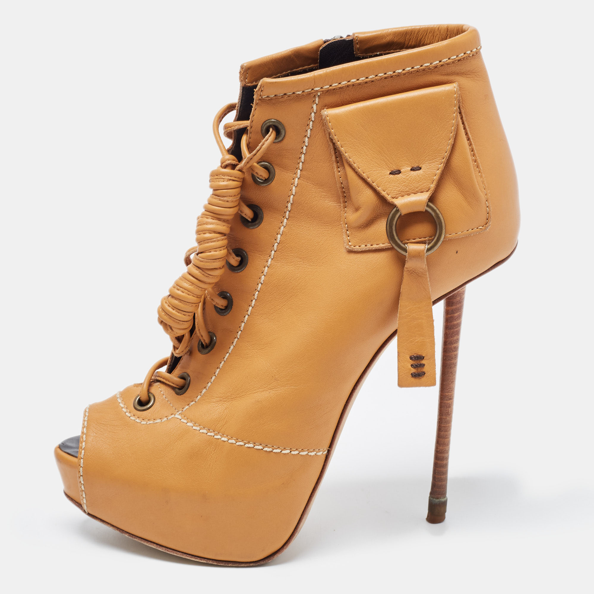 Giuseppe Zanotti Brown Leather Peep Toe Lace Up Ankle Boots Size 36