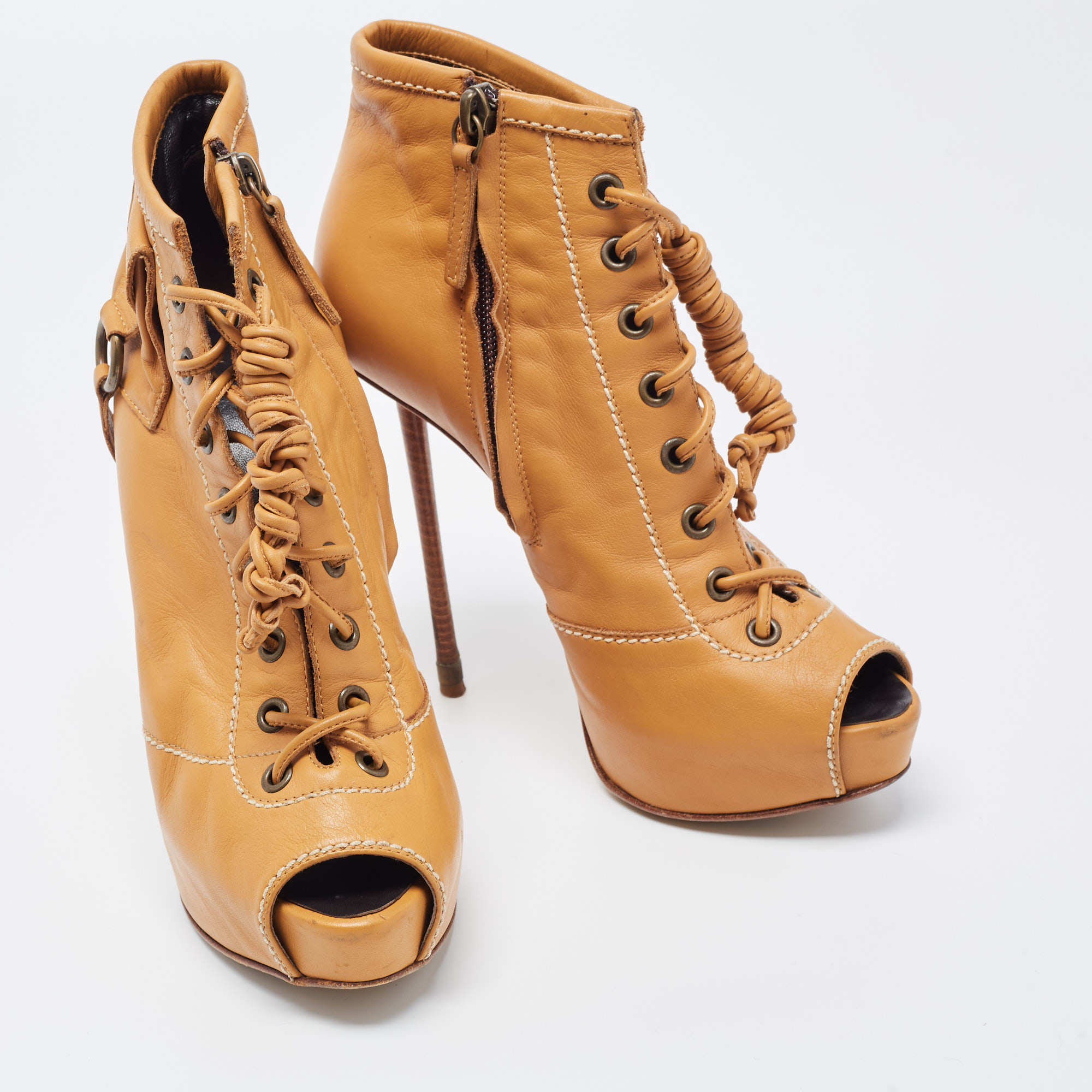 Giuseppe Zanotti Brown Leather Peep Toe Lace Up Ankle Boots Size 36