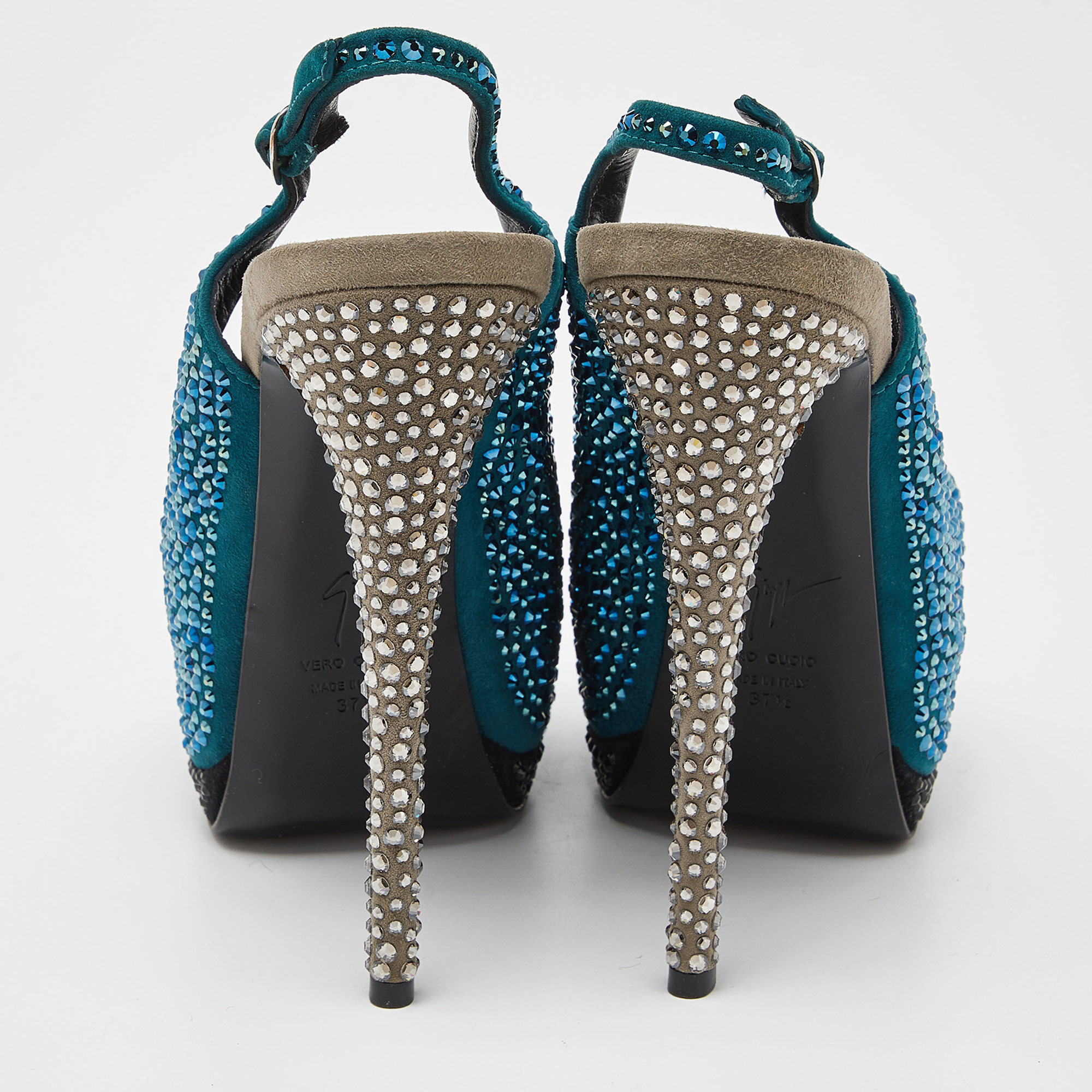 Giuseppe Zanotti Tri Color Suede Crystal Embellished Peep Toe Platform Slingback Sandals Size 37.5