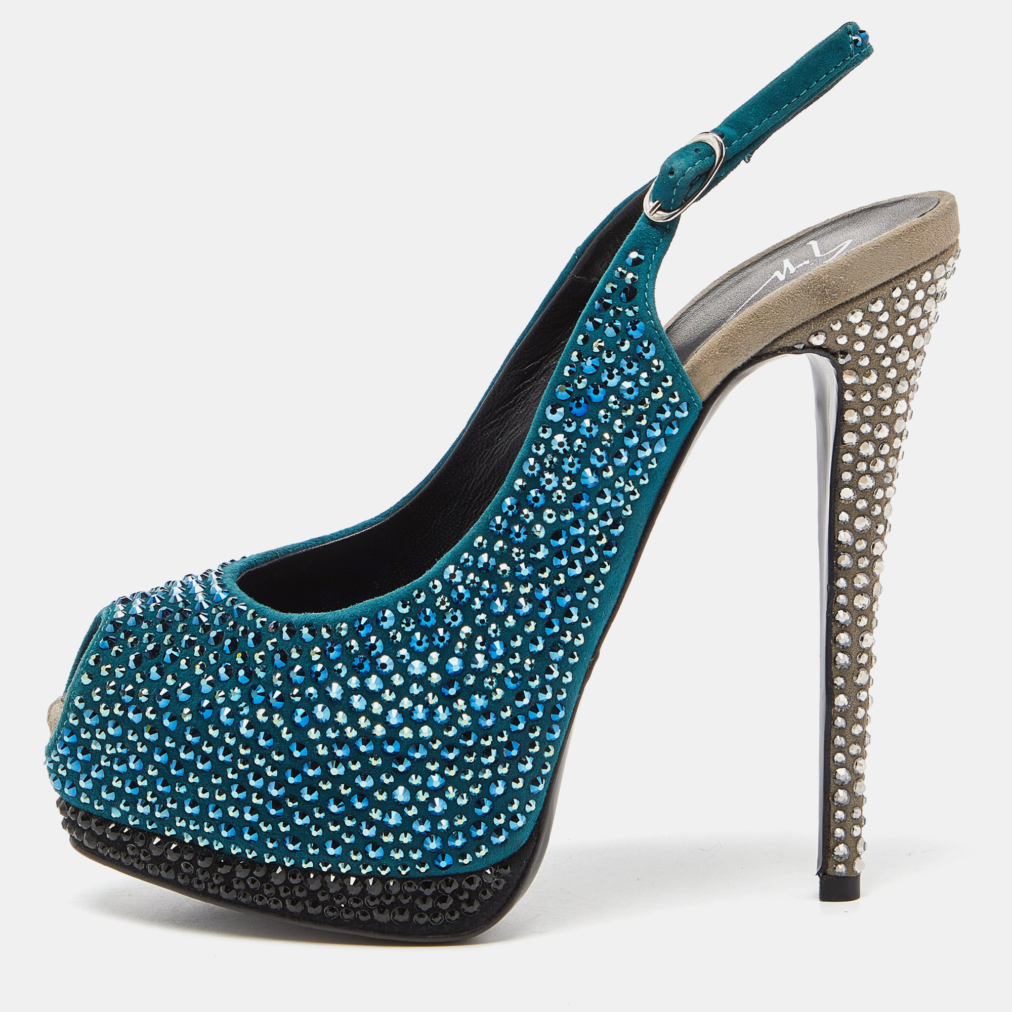 Giuseppe Zanotti Tri Color Suede Crystal Embellished Peep Toe Platform Slingback Sandals Size 37.5