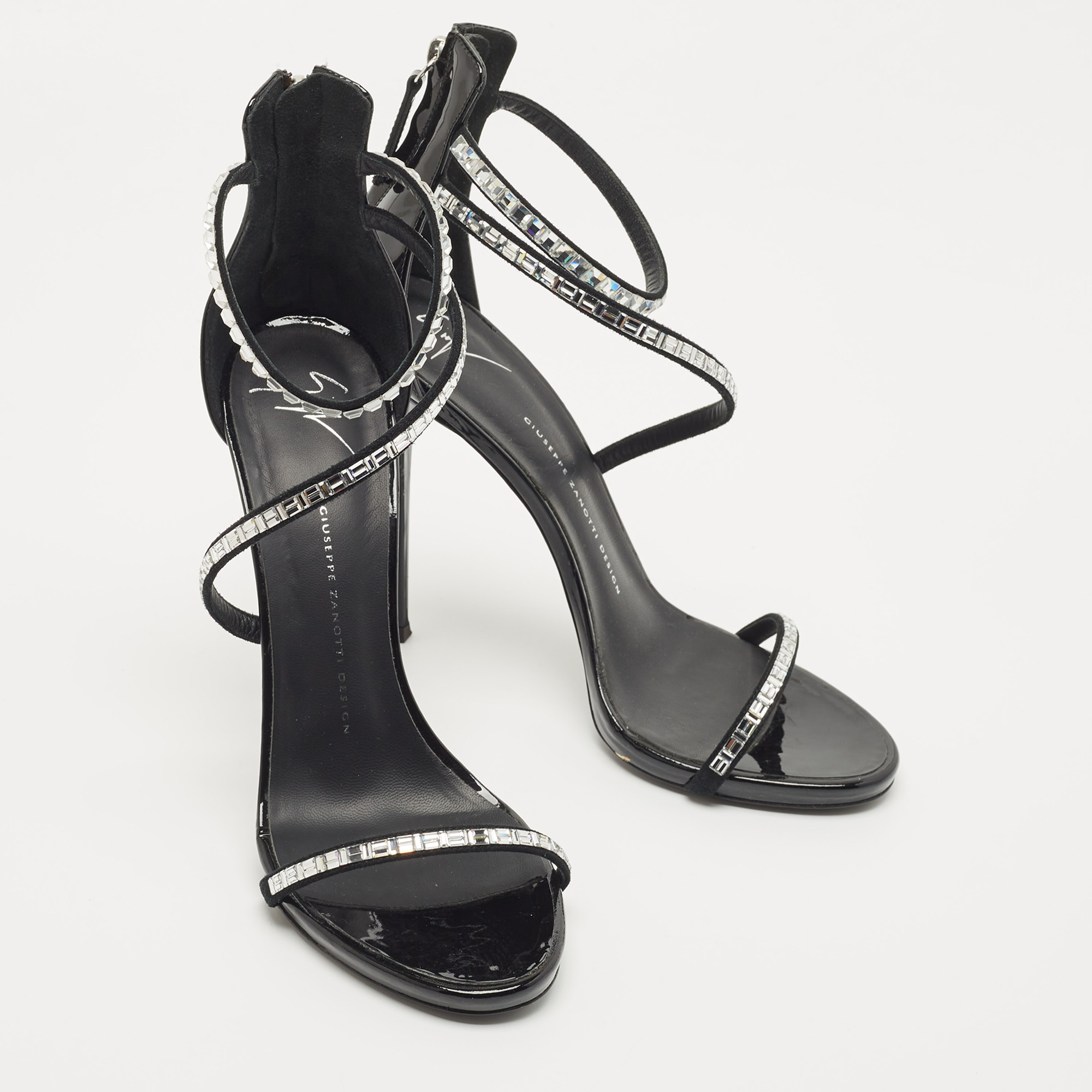 Giuseppe Zannoti Black Patent Leather And Suede Callipe Crystal Embellished Strappy Sandals Size 40