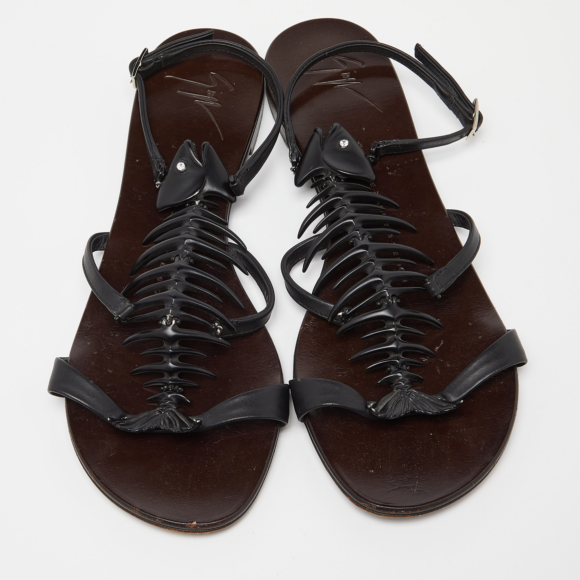Giuseppe Zanotti Black Leather Fishbone Flat Sandals Size 38