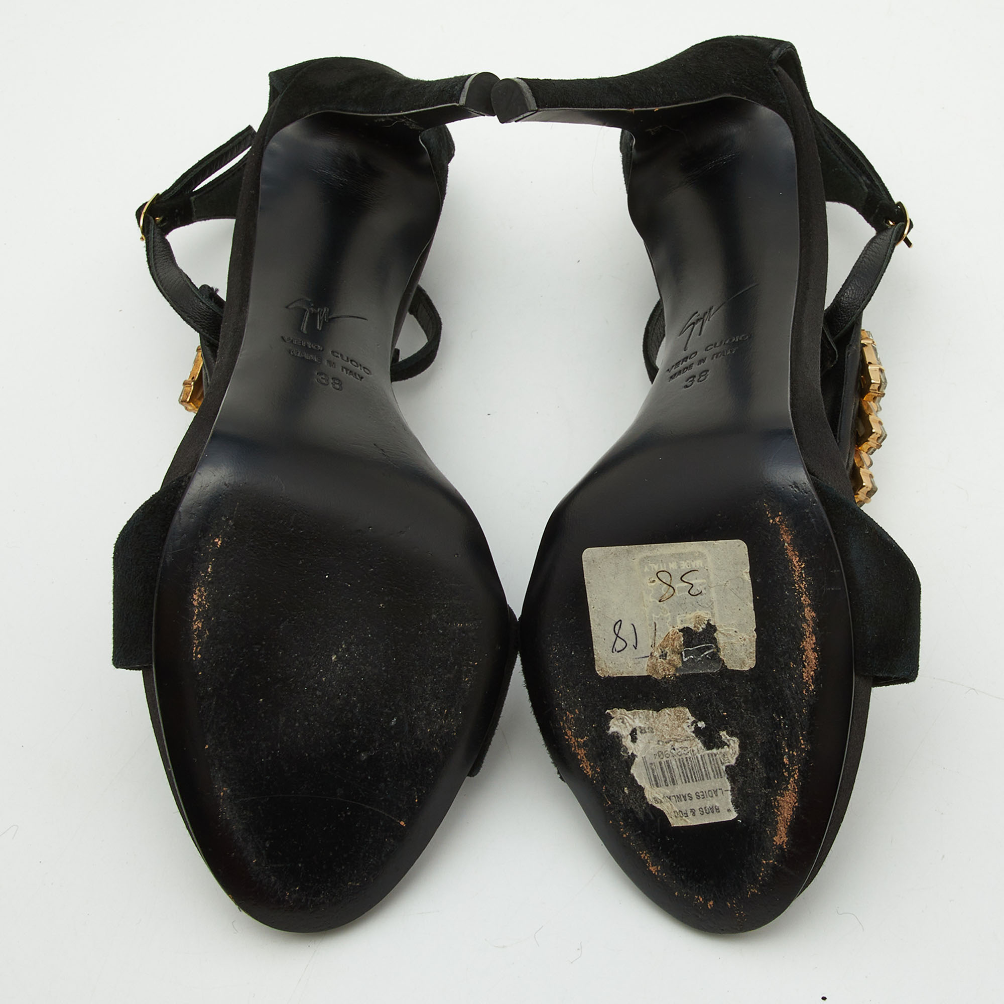Giuseppe Zanotti Black Suede Crystal Embellished Ankle Strap Sandals Size 38