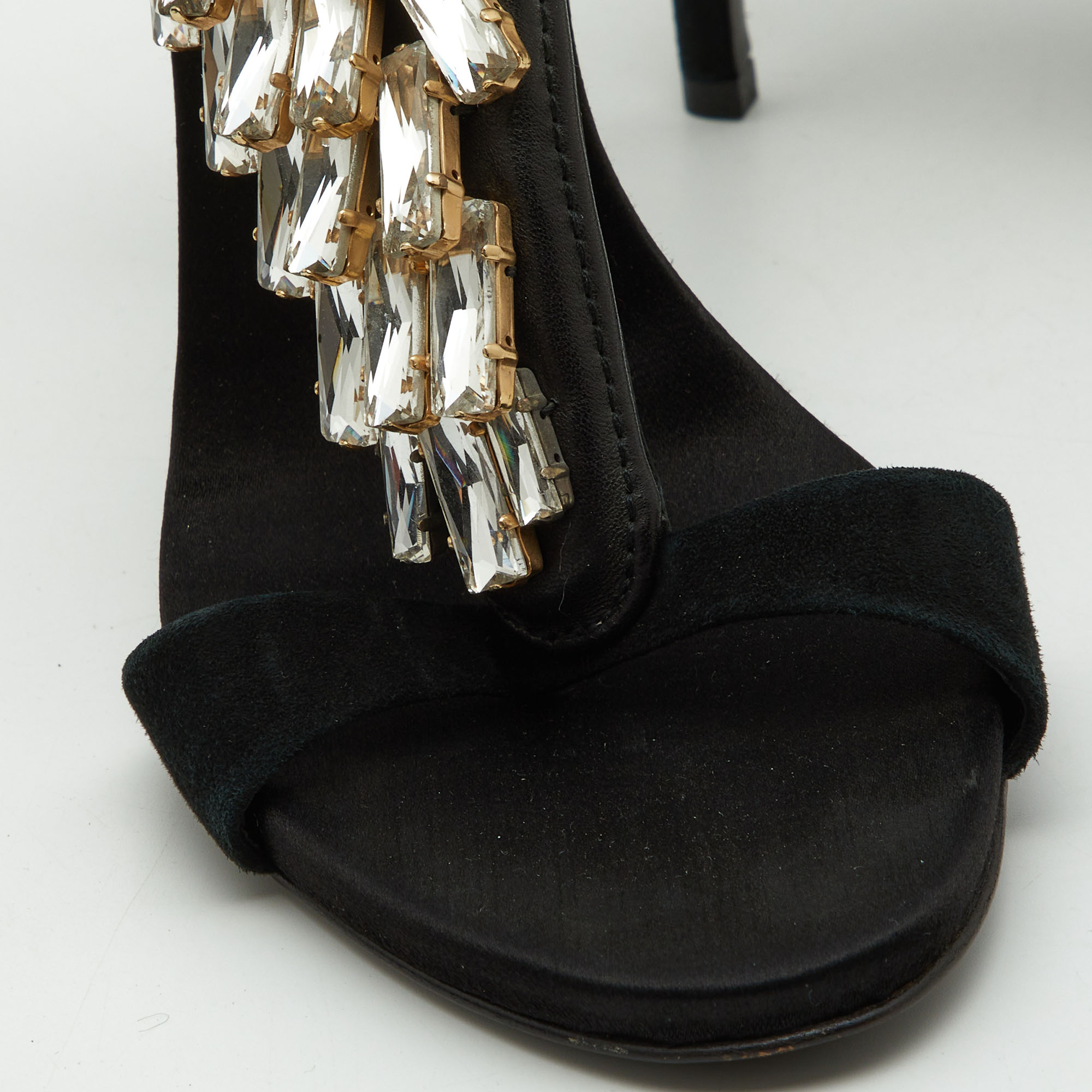 Giuseppe Zanotti Black Suede Crystal Embellished Ankle Strap Sandals Size 38