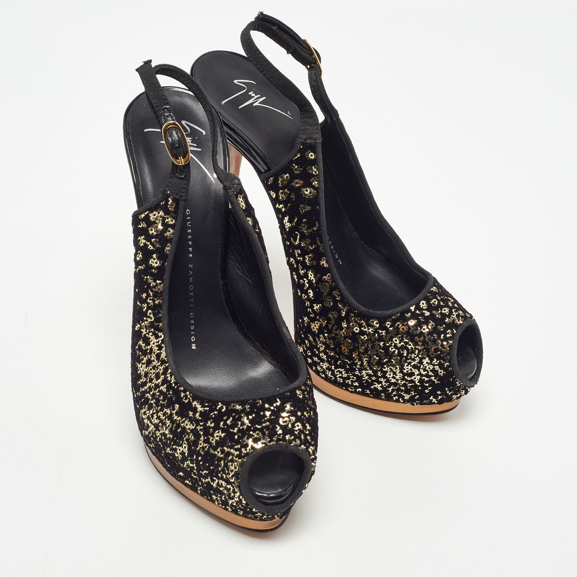 Guiseppe Zannotti Black/Gold Sequins And Velvet Peep Toe Slingback Platform Sandals Size 37