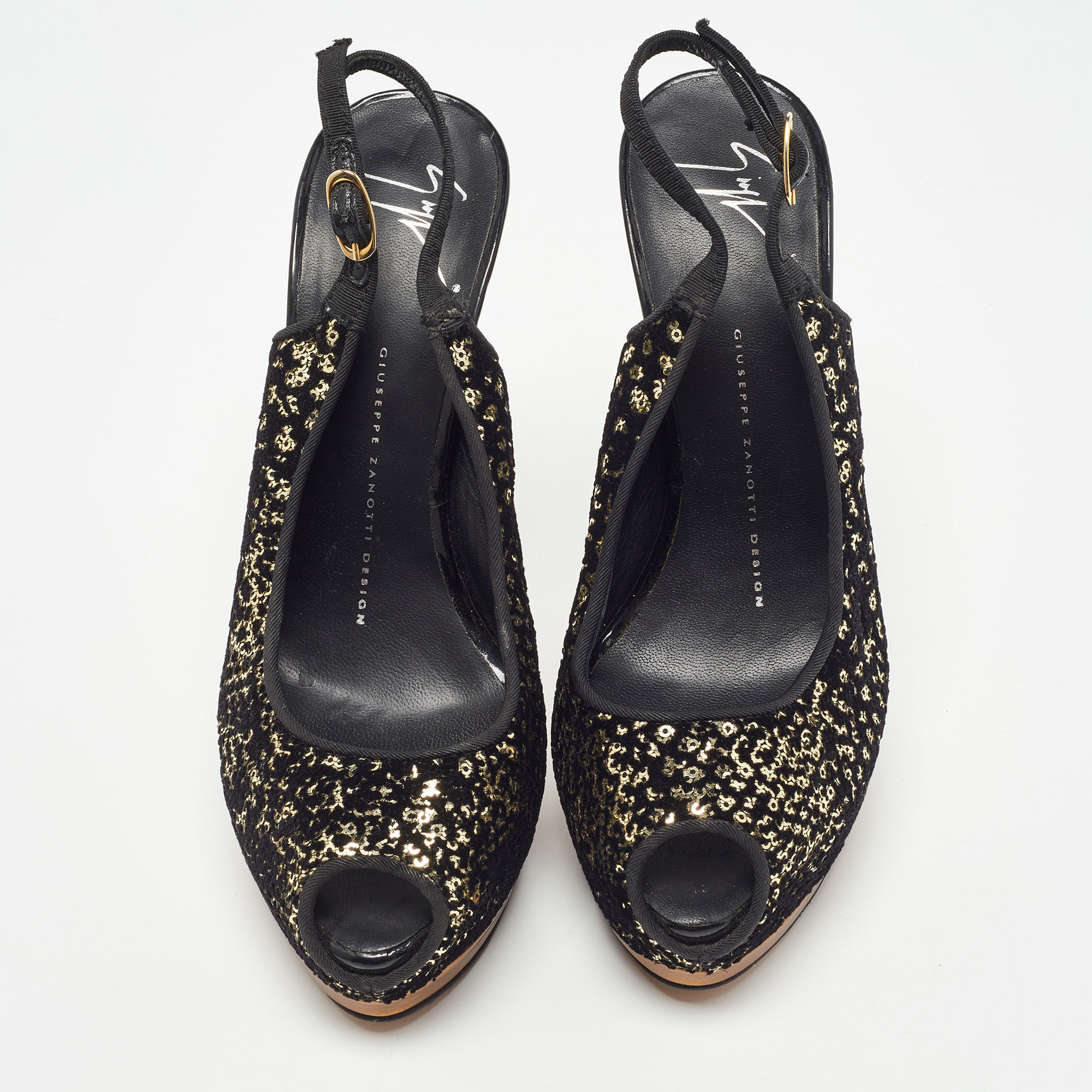 Guiseppe Zannotti Black/Gold Sequins And Velvet Peep Toe Slingback Platform Sandals Size 37
