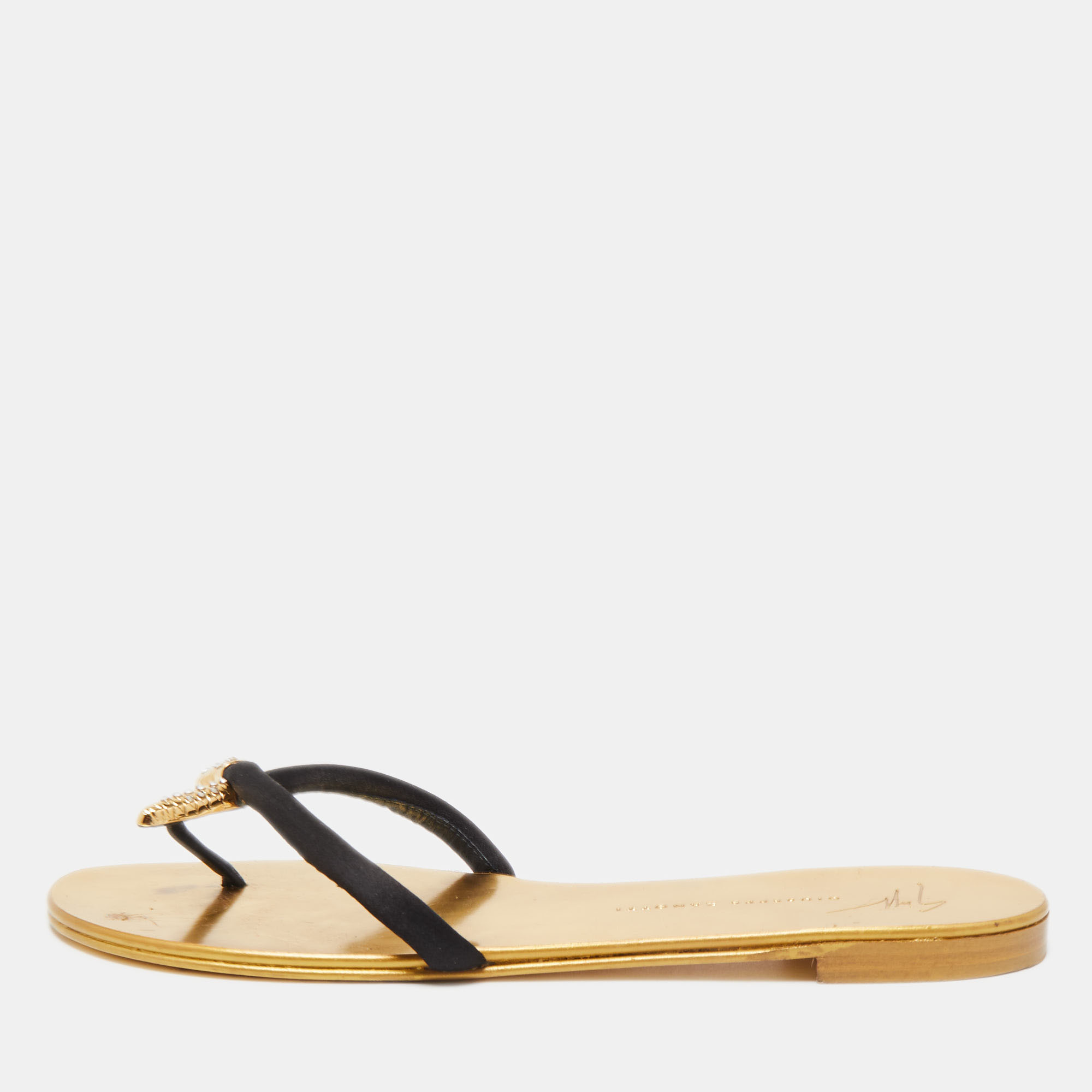 Giuseppe Zanotti Black Satin Jewel Embellished Thong Flat Sandals Size 38
