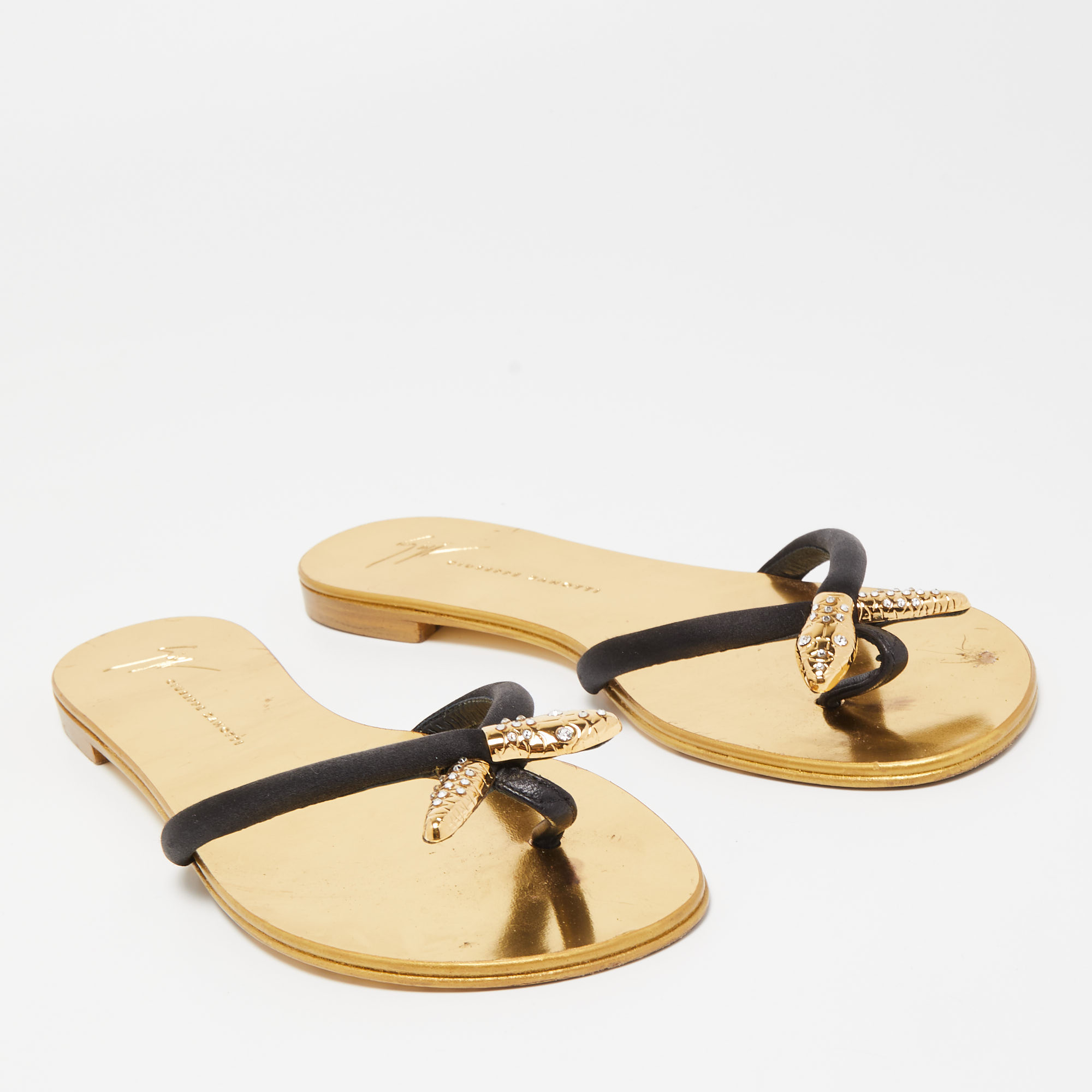 Giuseppe Zanotti Black Satin Jewel Embellished Thong Flat Sandals Size 38