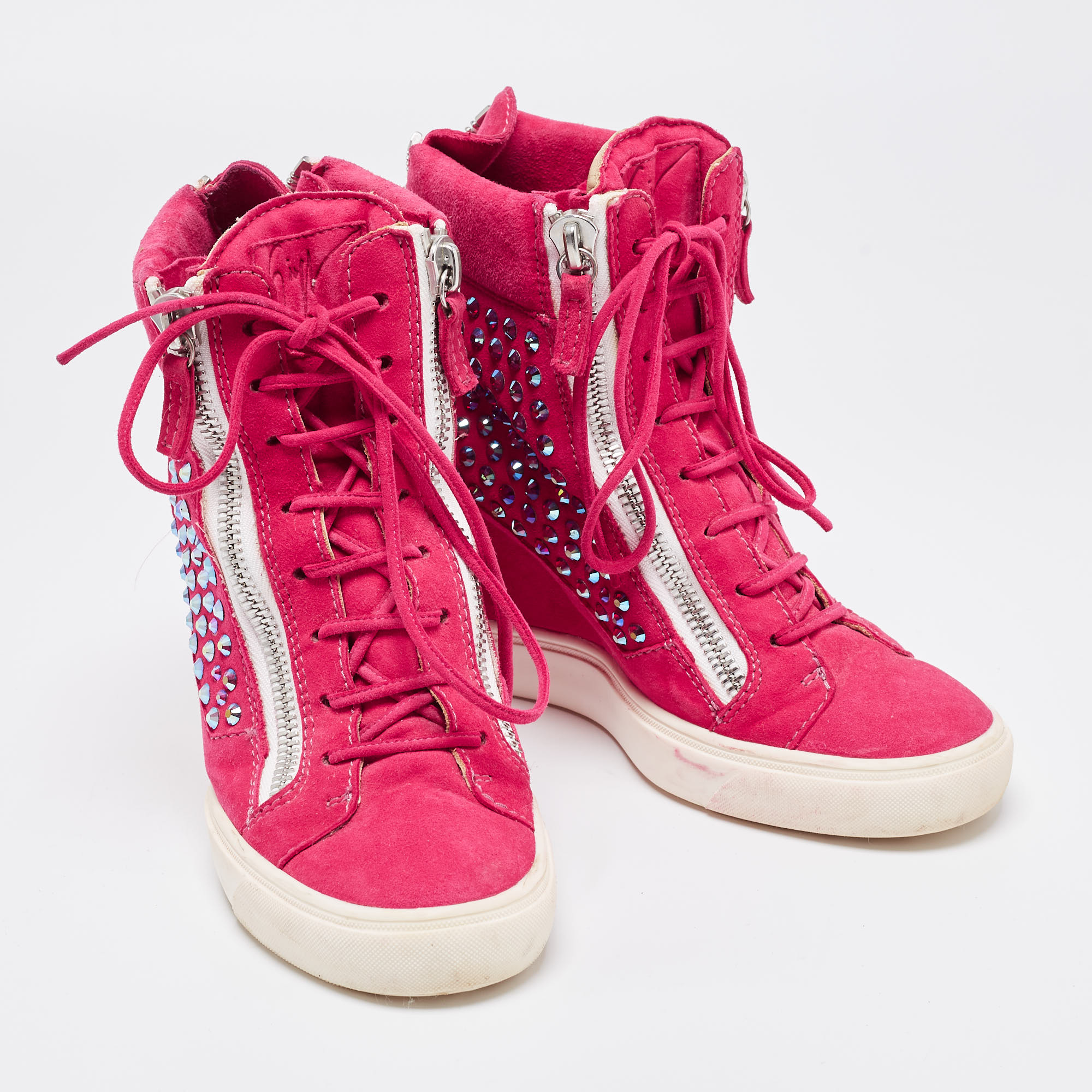 Giuseppe Zanotti Pink Suede Crystal Embellished Wedge Sneakers Size 39