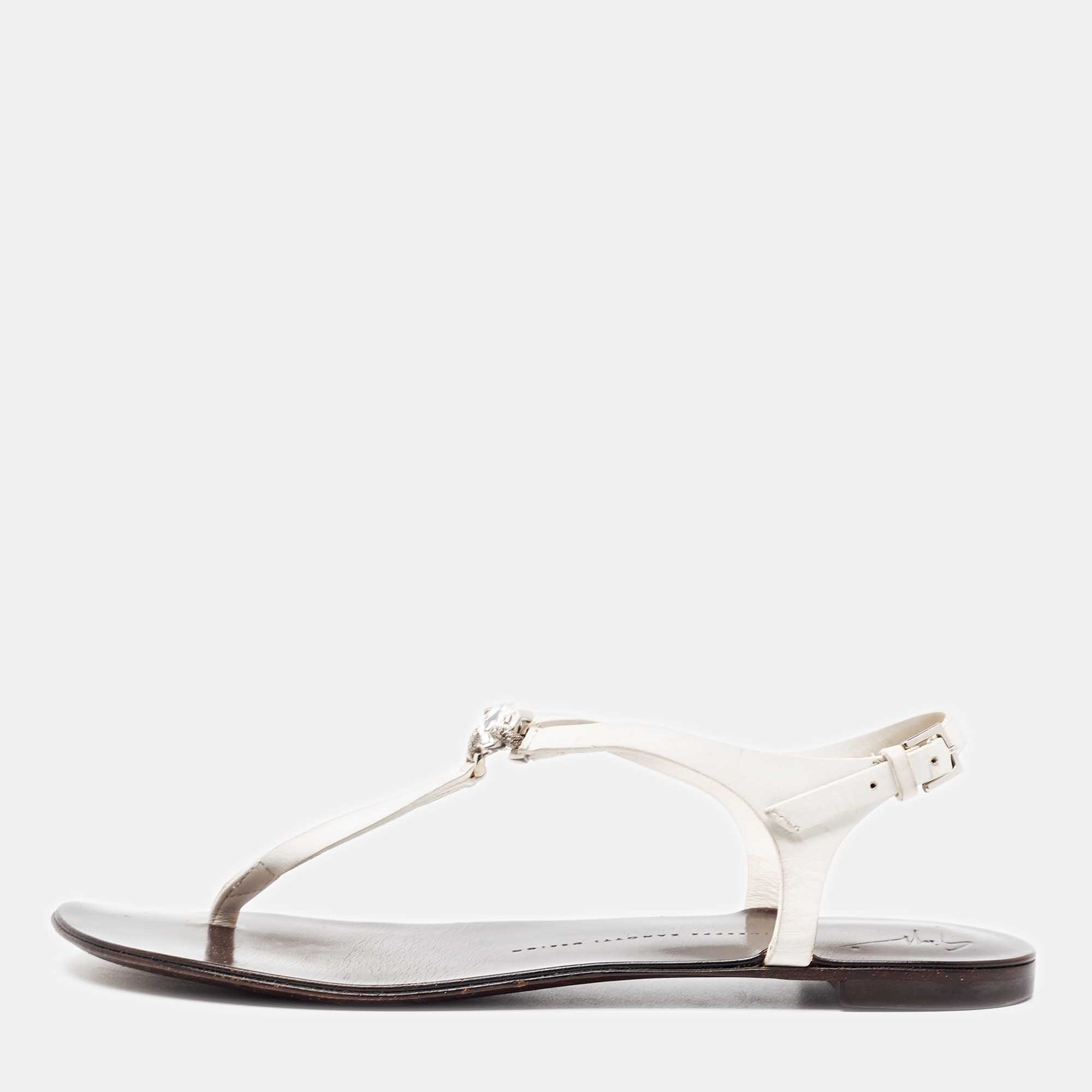 Giuseppe Zanotti White Leather Crystal Embellished Thong Flat Sandals Size 40.5