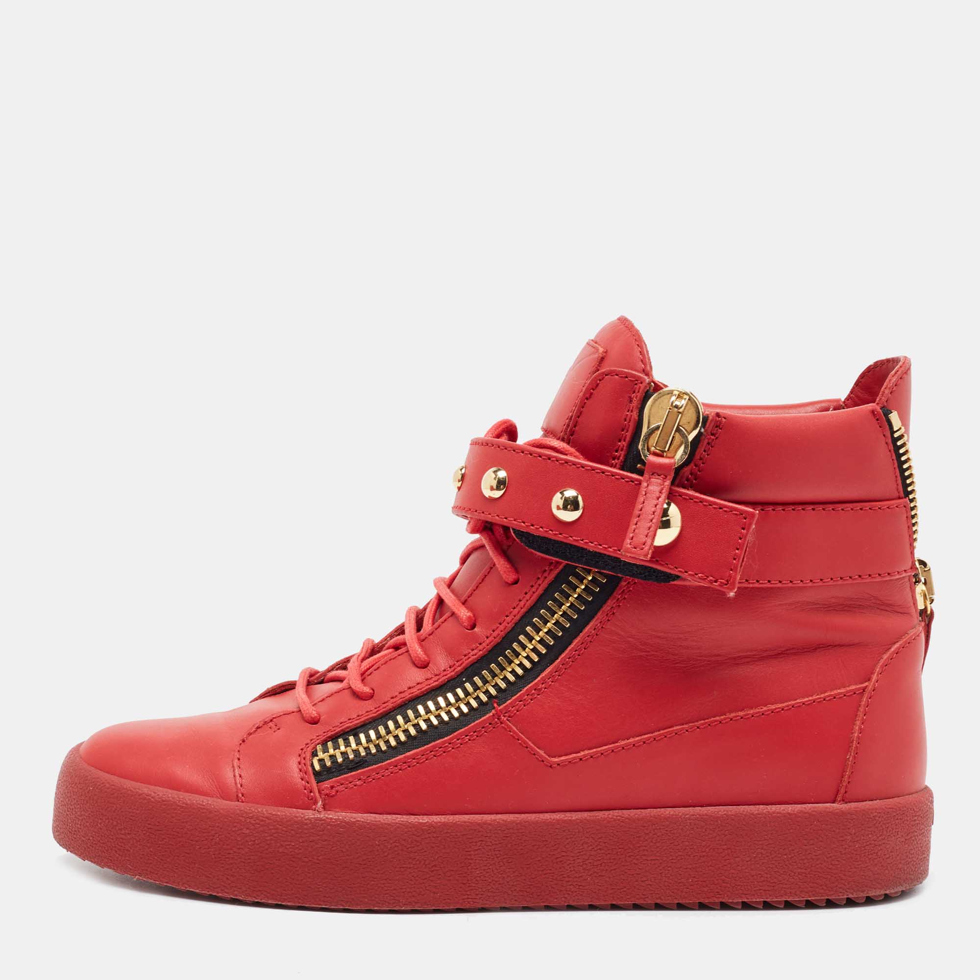 Giuseppe Zanotti Red Leather Studded Double Zip High Top Sneakers Size 44
