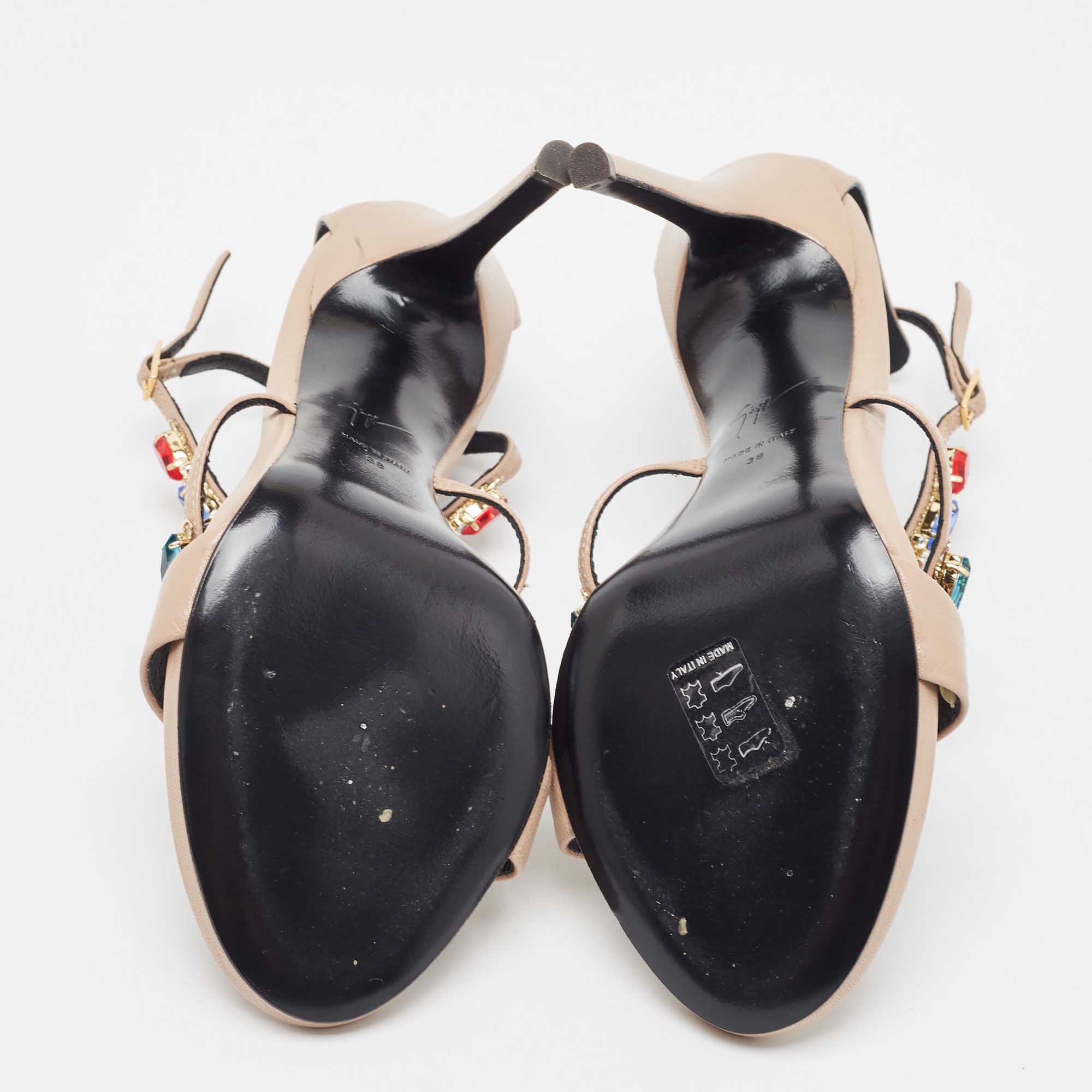 Giuseppe Zanotti Beige Leather Elba Crystal Embellished Sandals Size 38