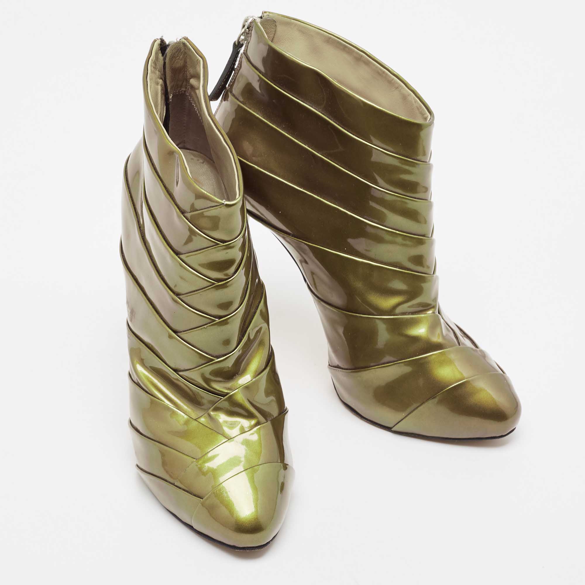 Giuseppe Zanotti Olive Green Patent Leather Ankle Booties Size 38