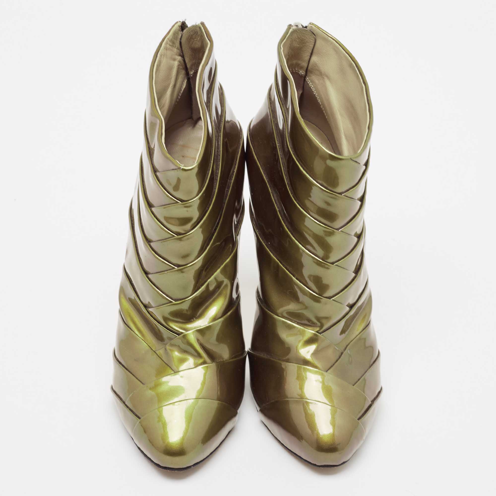 Giuseppe Zanotti Olive Green Patent Leather Ankle Booties Size 38