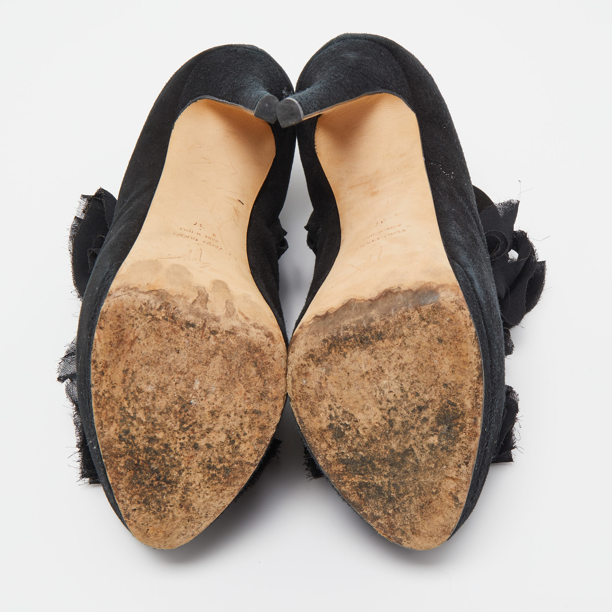 Giuseppe Zanotti Black Suede Frill Peep Toe Ankle Boots Size 37