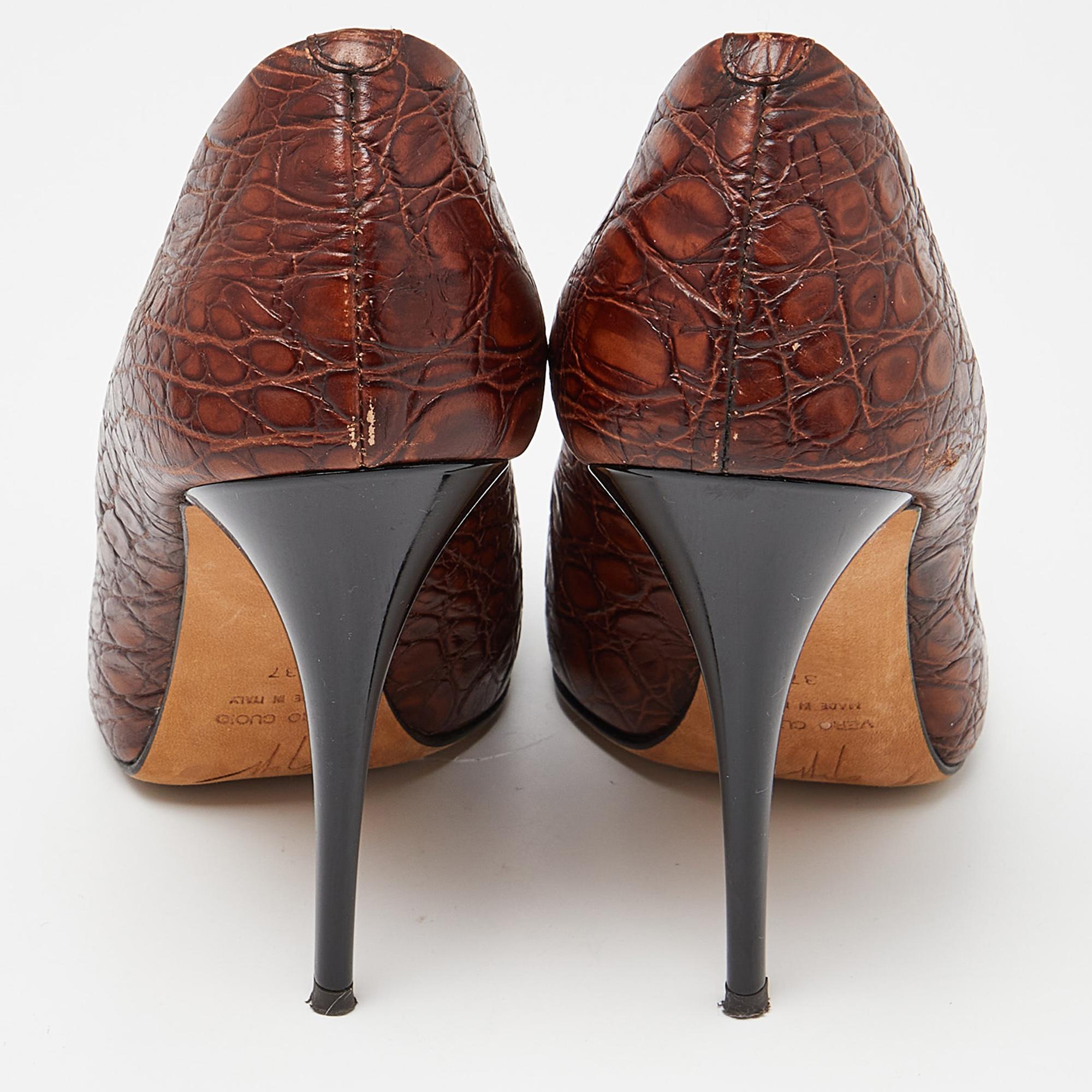 Giuseppe Zanotti Brown Croc Embossed Leather Crystal Embellished Peep Toe Pumps Size 37