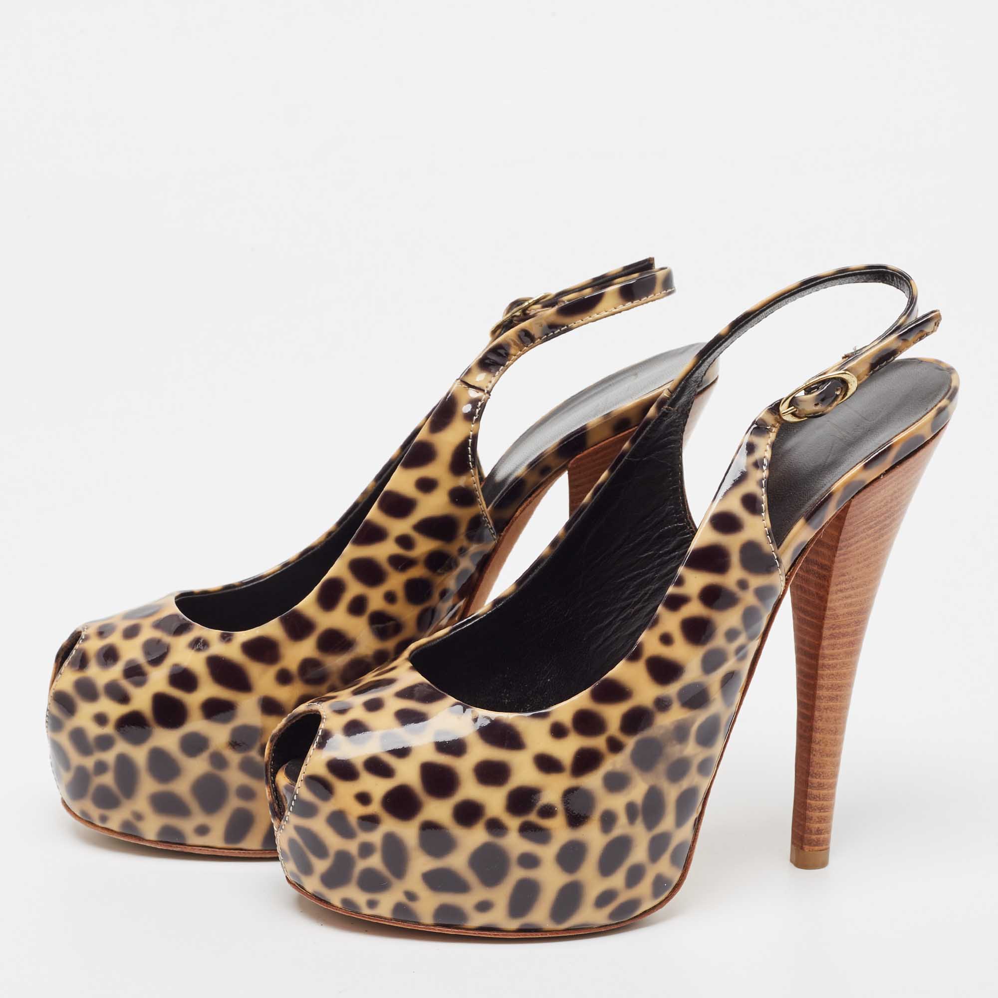 Giuseppe Zanotti Brown/Black Patent Leopard Print Slingback Pumps Size 37