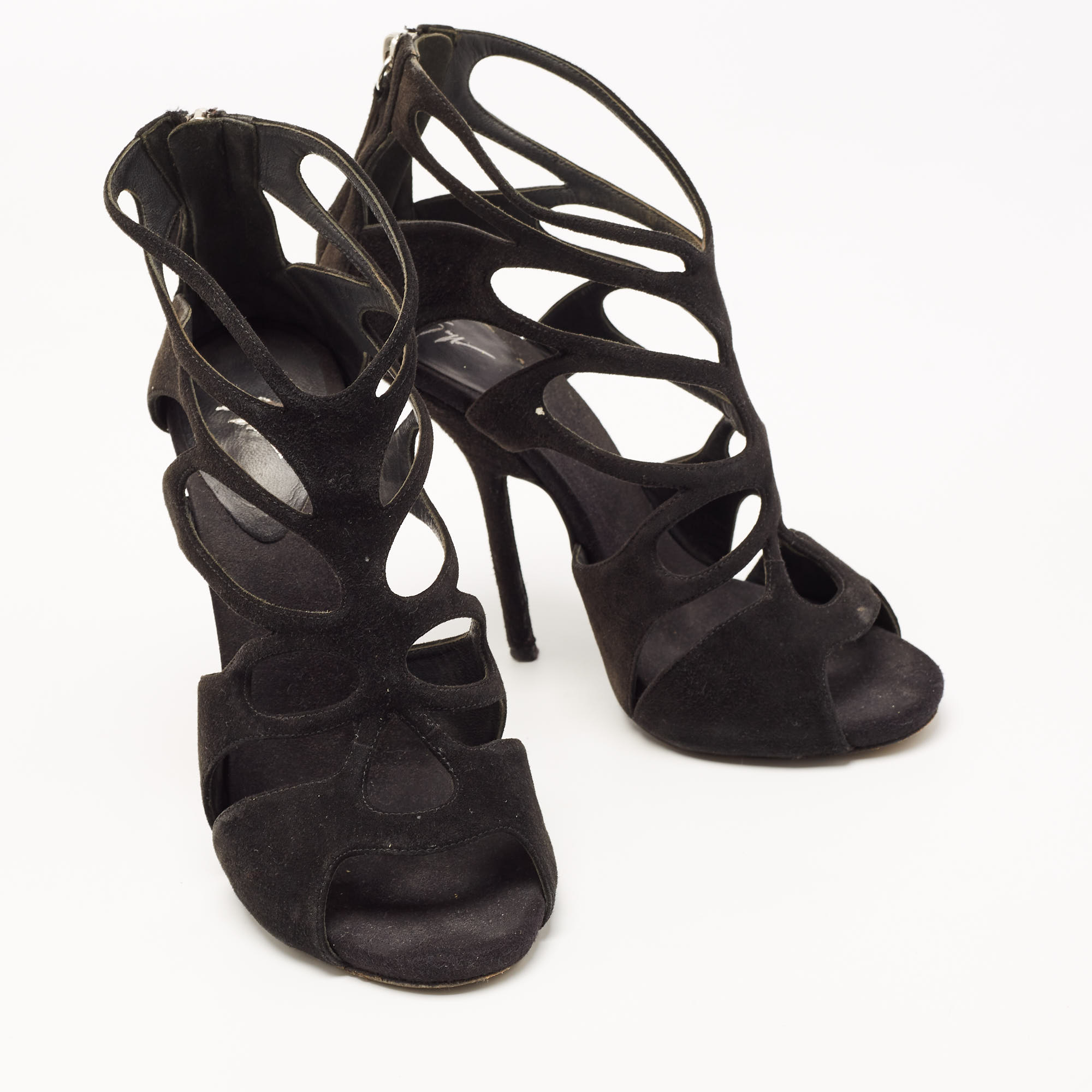 Giuseppe Zanotti Black Suede Cut Out Ankle Strap Sandals Size 37