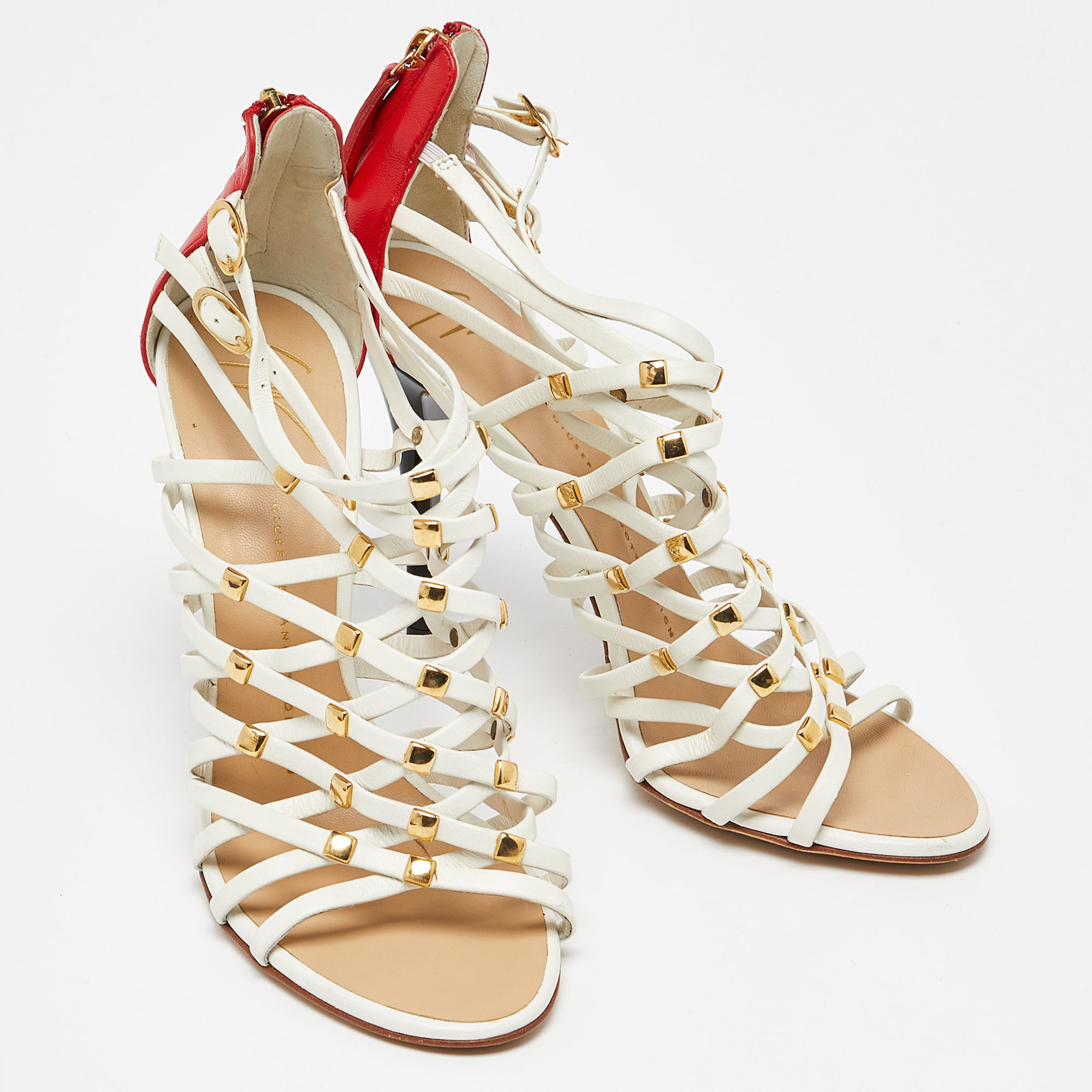 Giuseppe Zanotti White/Red Leather Embellished Strappy Sandals Size 38.5