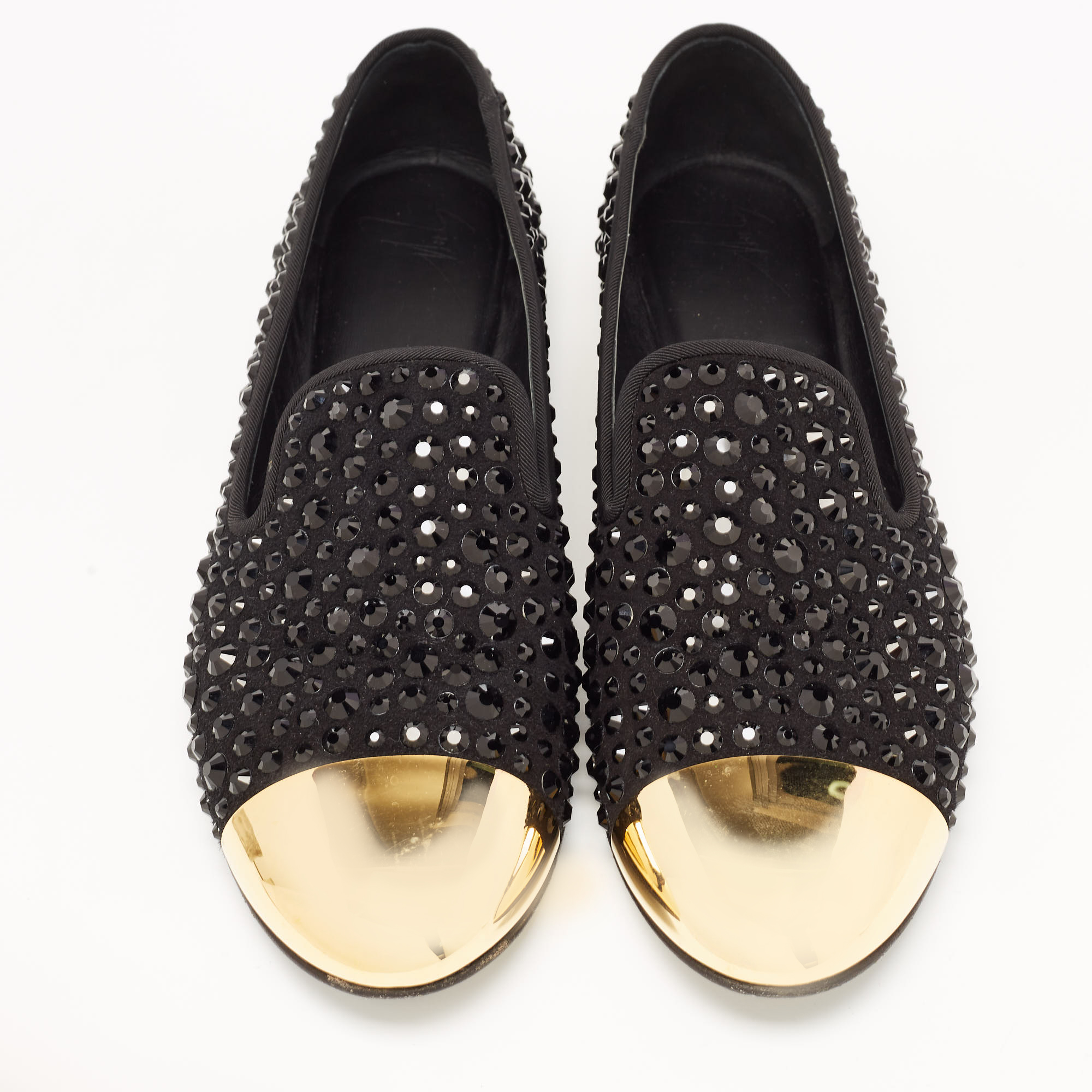 Giuseppe Zanotti Black/Gold Suede Cap Toe Crystals Embellished Smoking Slippers Size 39