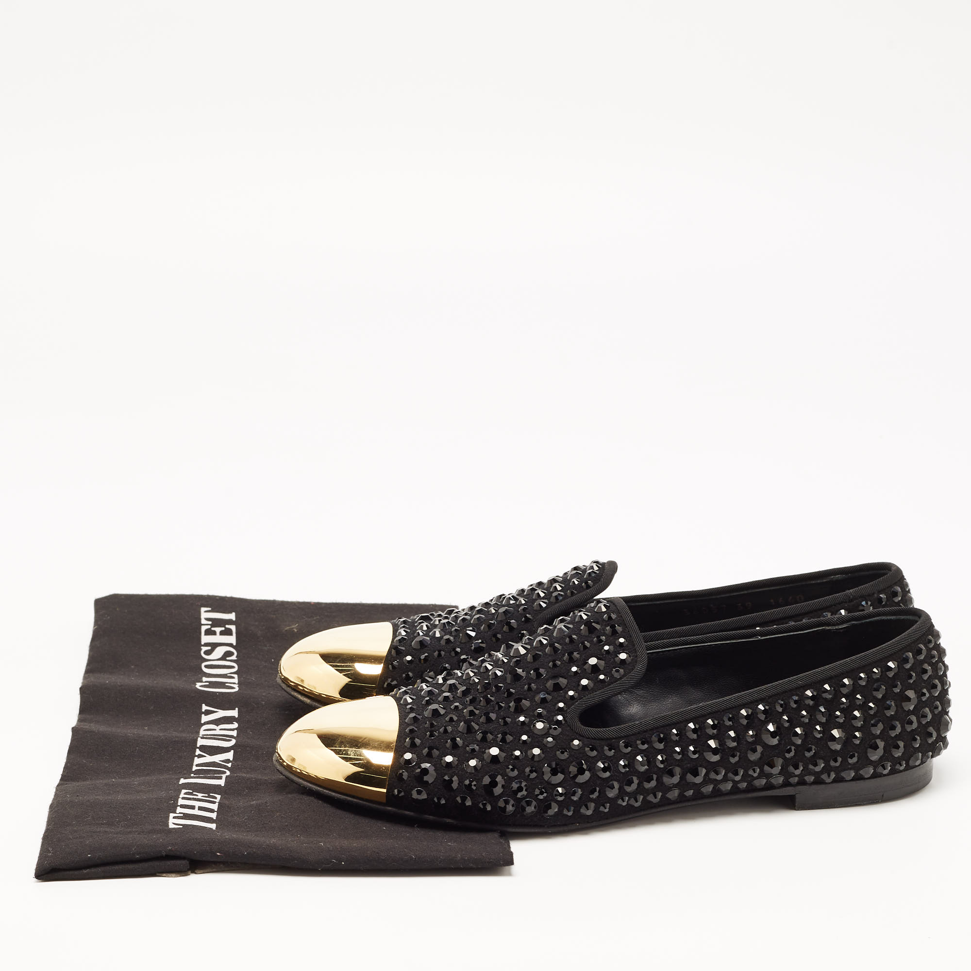 Giuseppe Zanotti Black/Gold Suede Cap Toe Crystals Embellished Smoking Slippers Size 39