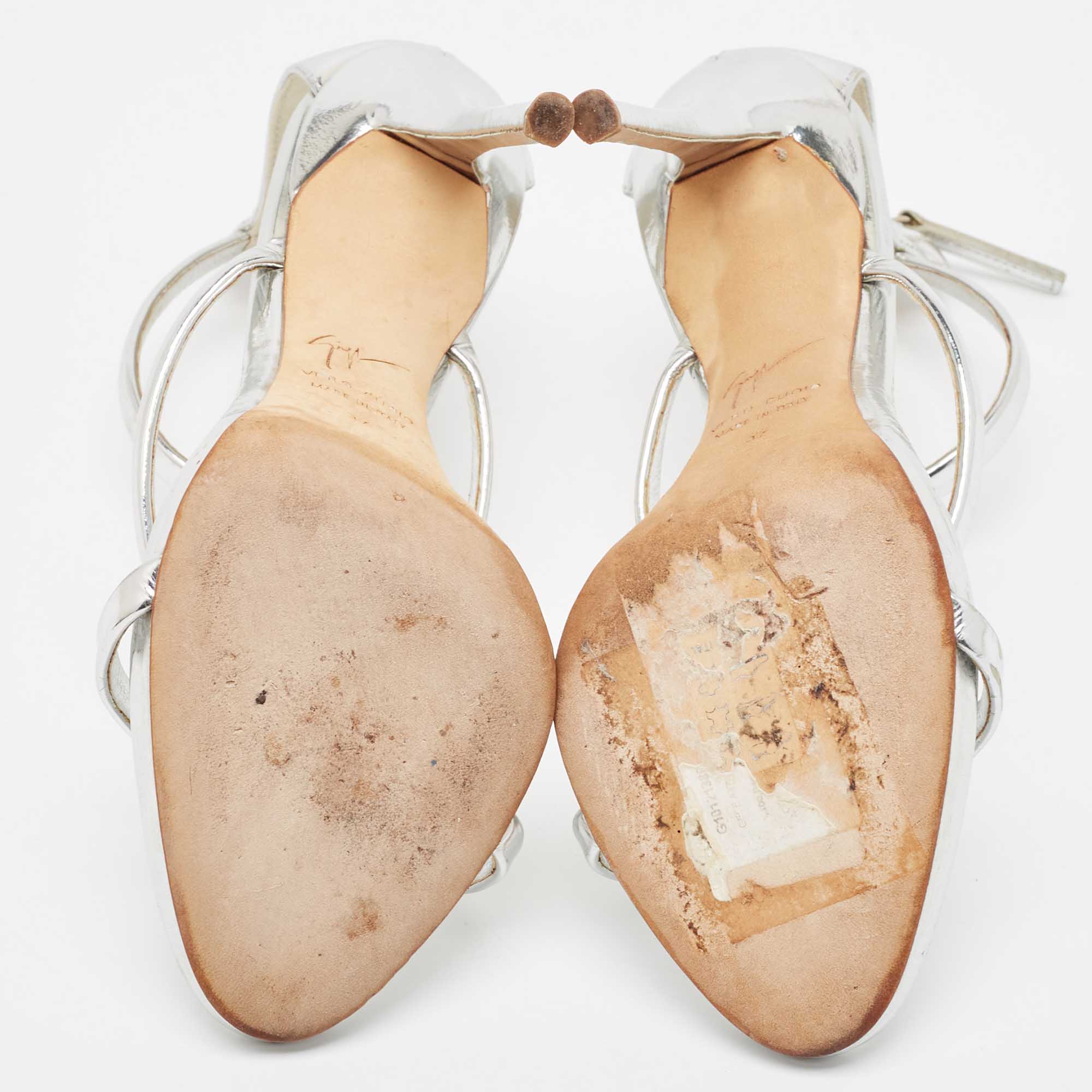Giuseppe Zanotti Silver Foil Leather Harmony Ankle Strap Sandals Size 37