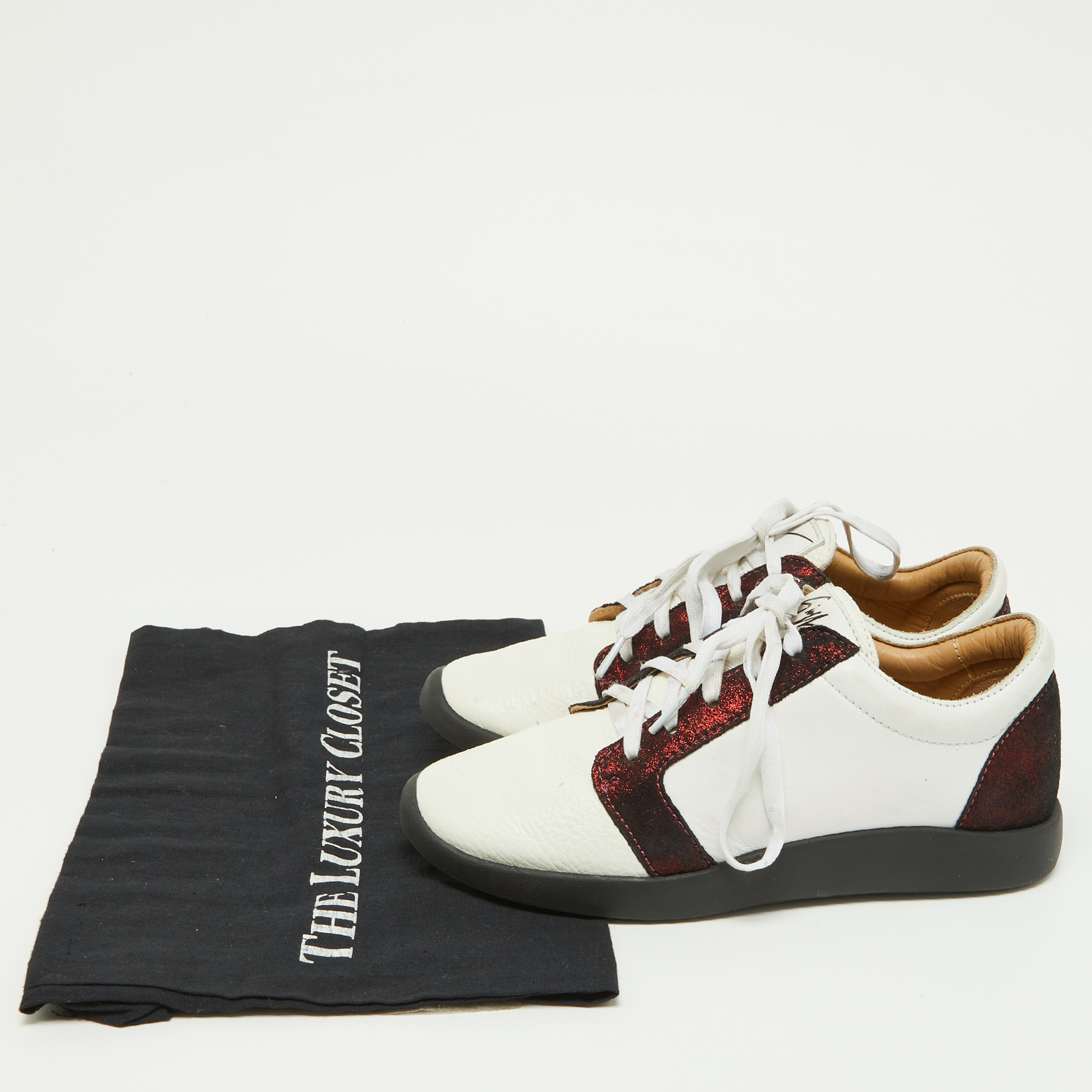Giuseppe Zanotti White/Burgundy Leather And Laminated Suede Low Top Sneakers Size 37