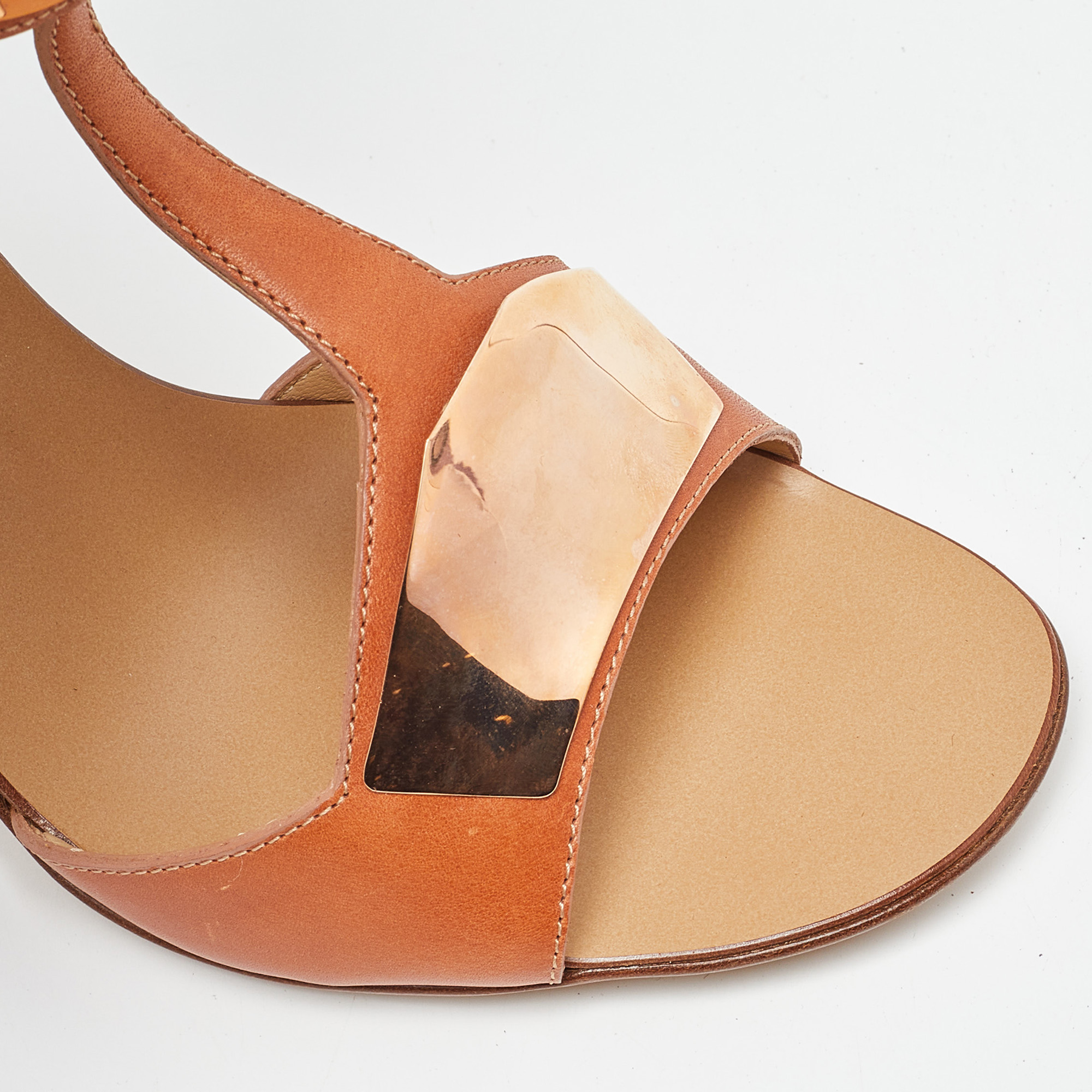 Giuseppe Zanotti Tan Leather Metal Detail T Strap Sandals Size 37