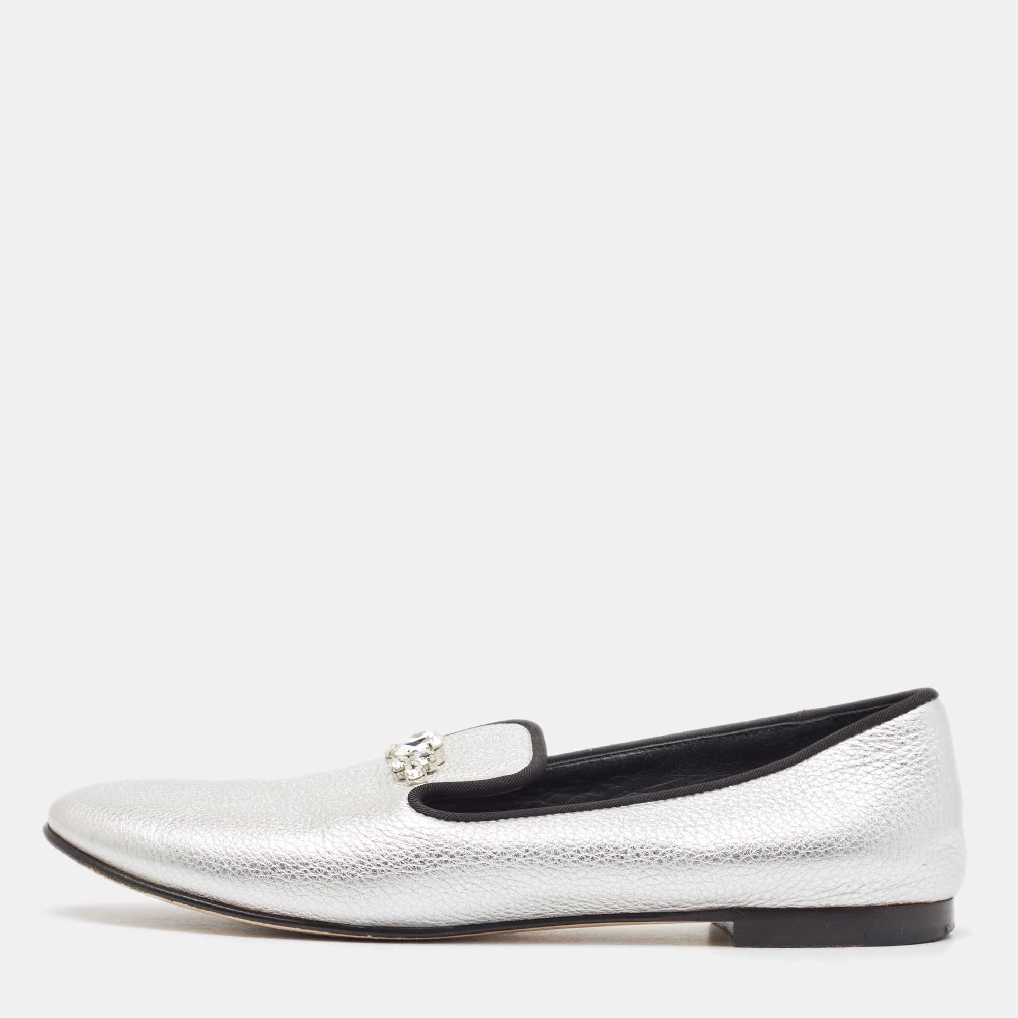 Giuseppe zanotti silver leather crystal embellished smoking slippers size 39