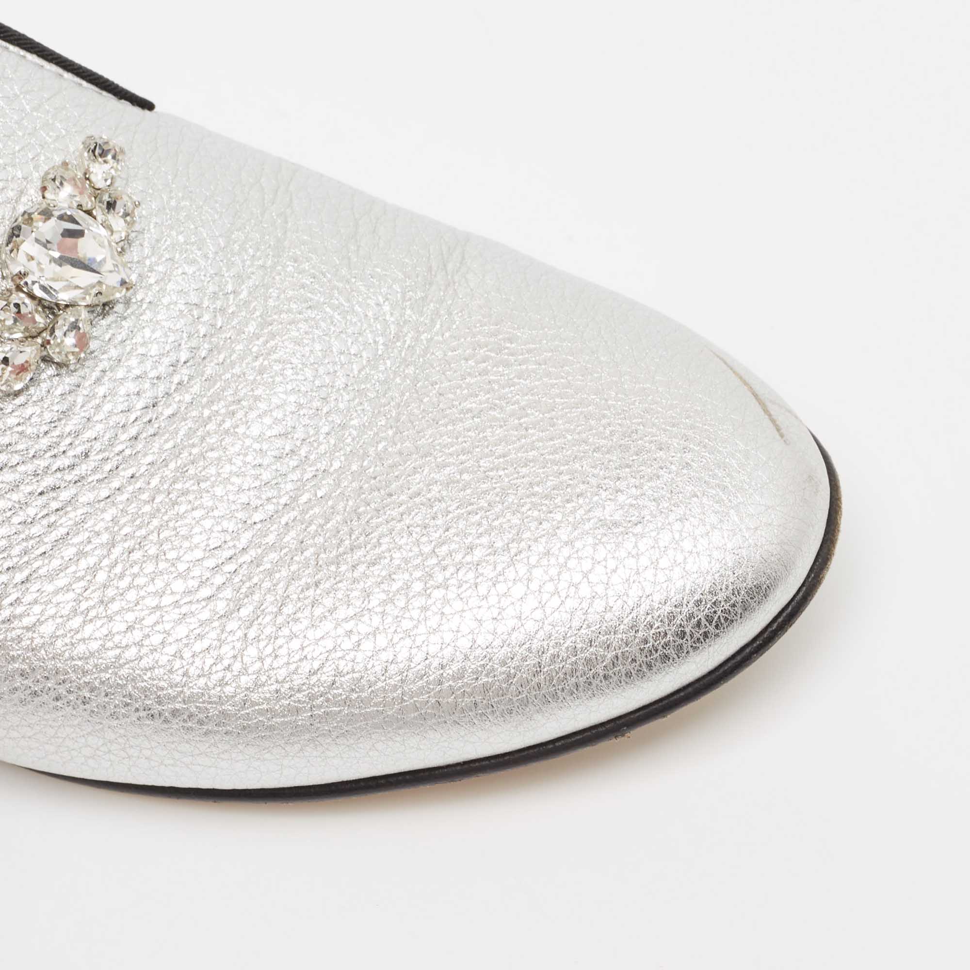 Giuseppe Zanotti Silver Leather Crystal Embellished Smoking Slippers Size 39