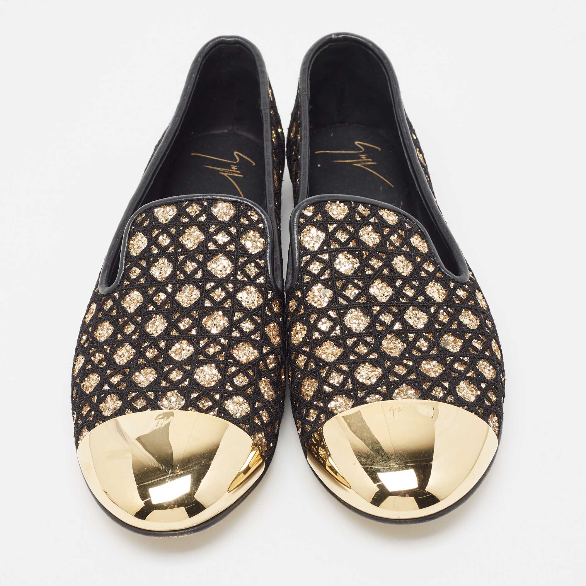 Giuseppe Zanotti Black Glitter And Leather Smoking Slippers Size 39