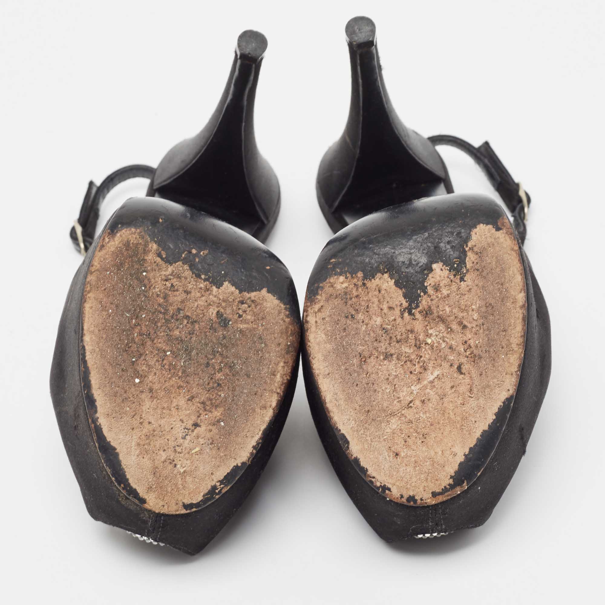 Giuseppe Zanotti Black Satin Platform Peep Toe Slingback Pumps Size 39