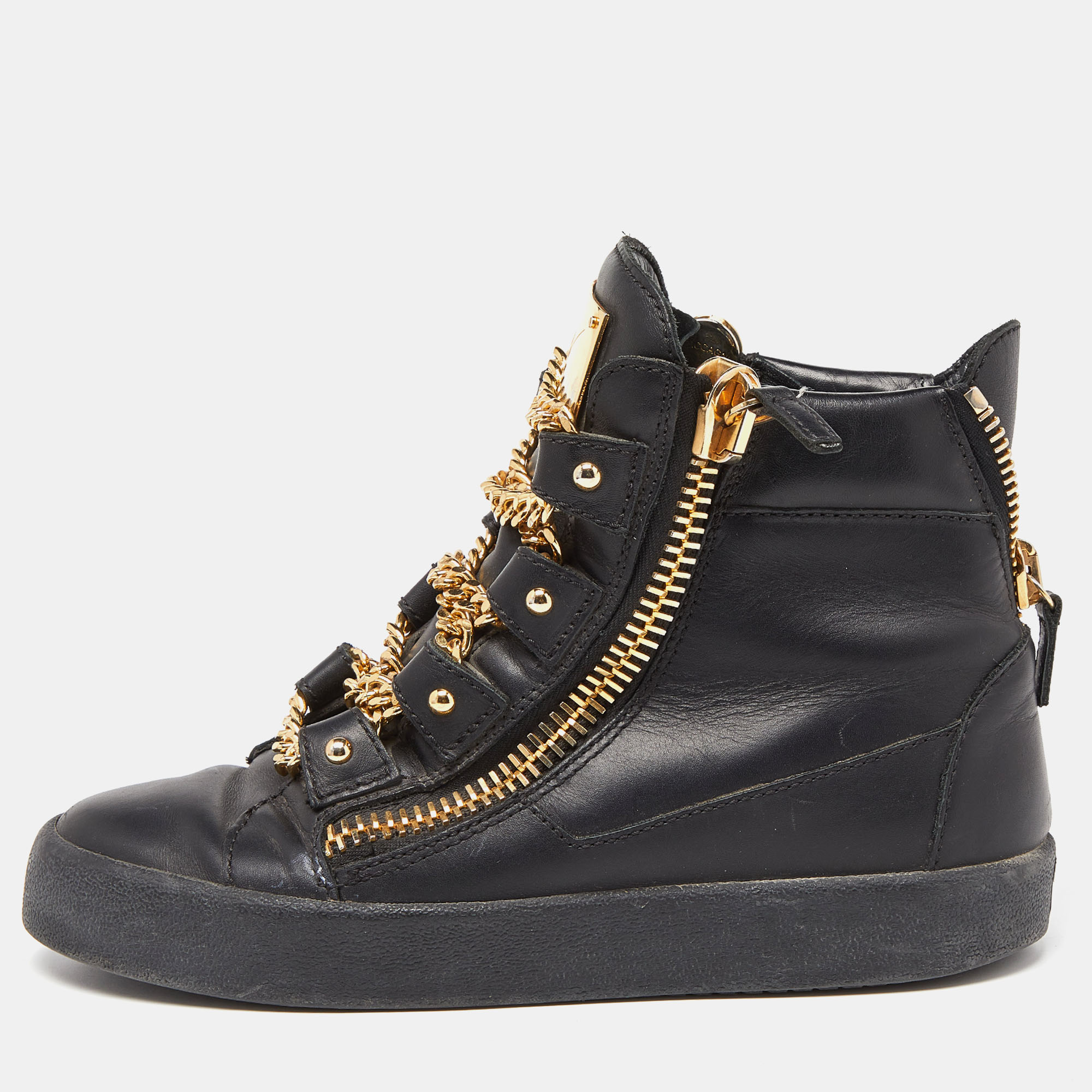 Giuseppe zanotti black leather london birel chain embellished high top sneakers size 38